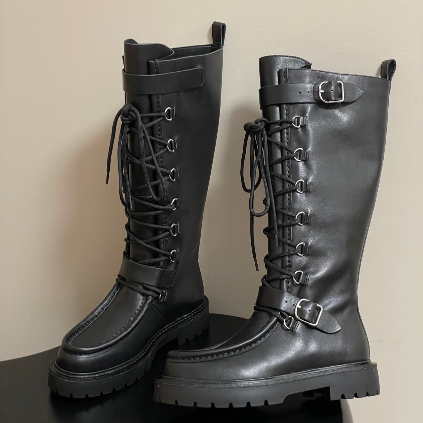 HM lace up boots belt buckle black leather