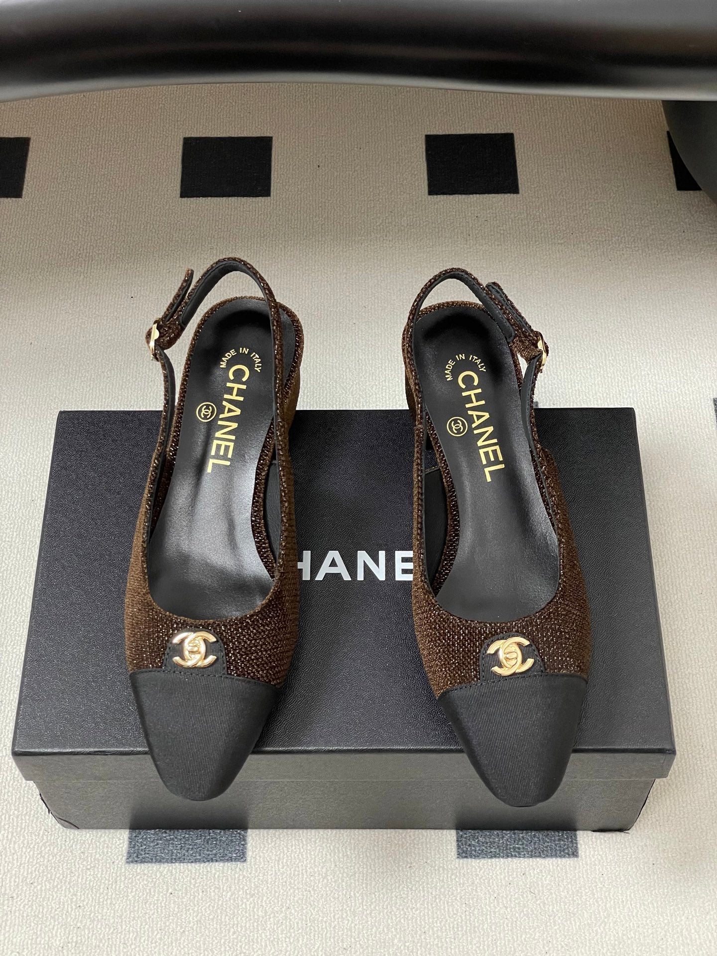 Chanel 25 Slingback Black Brown Lambskin Fabric 473210
