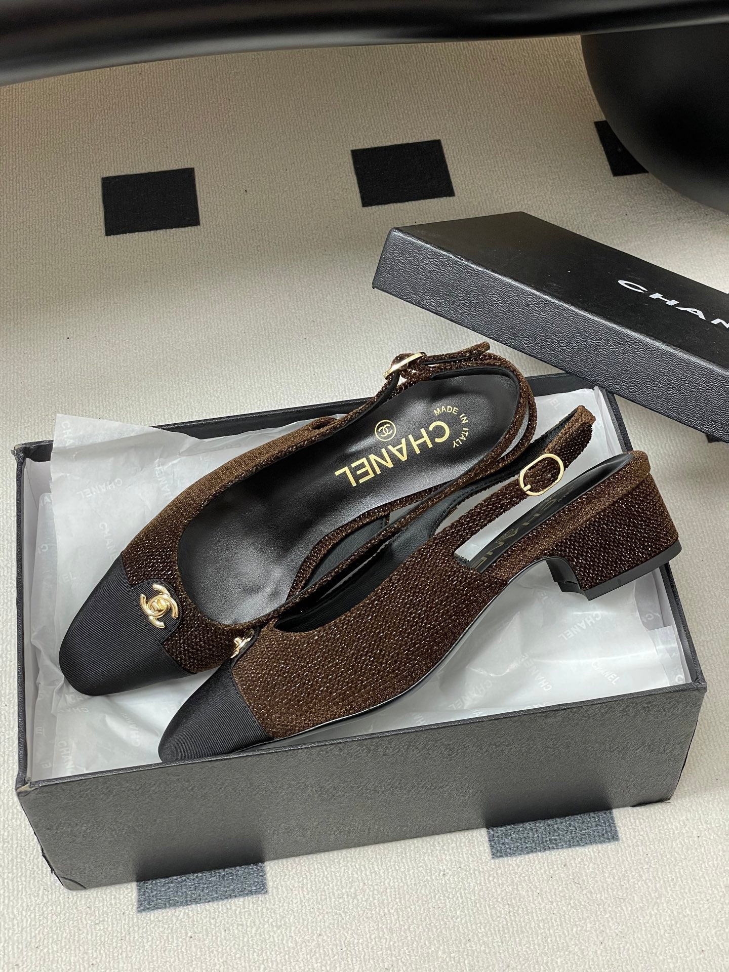 Chanel 25 Slingback Black Brown Lambskin Fabric 473210