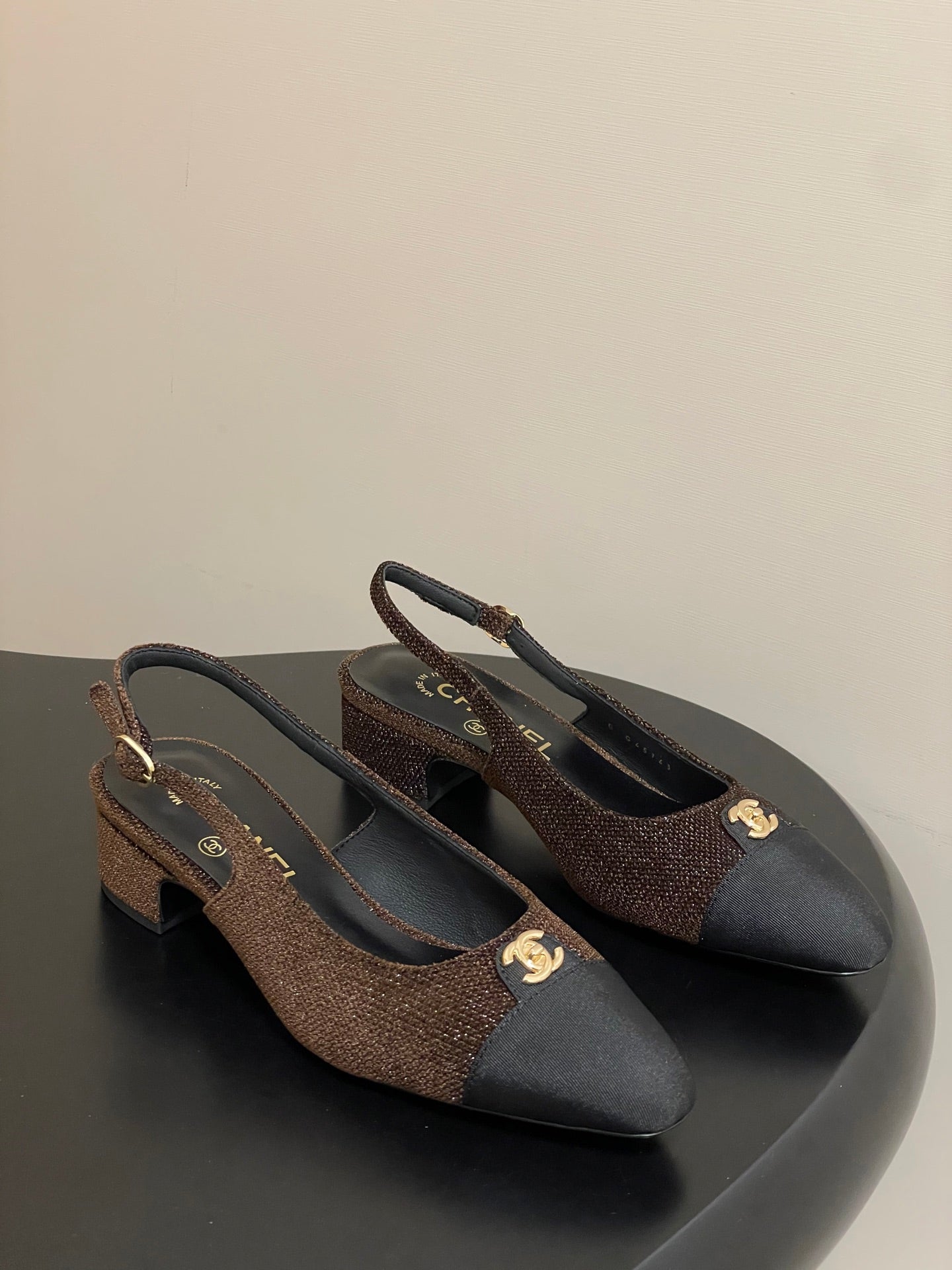 Chanel 25 Slingback Black Brown Lambskin Fabric 473210