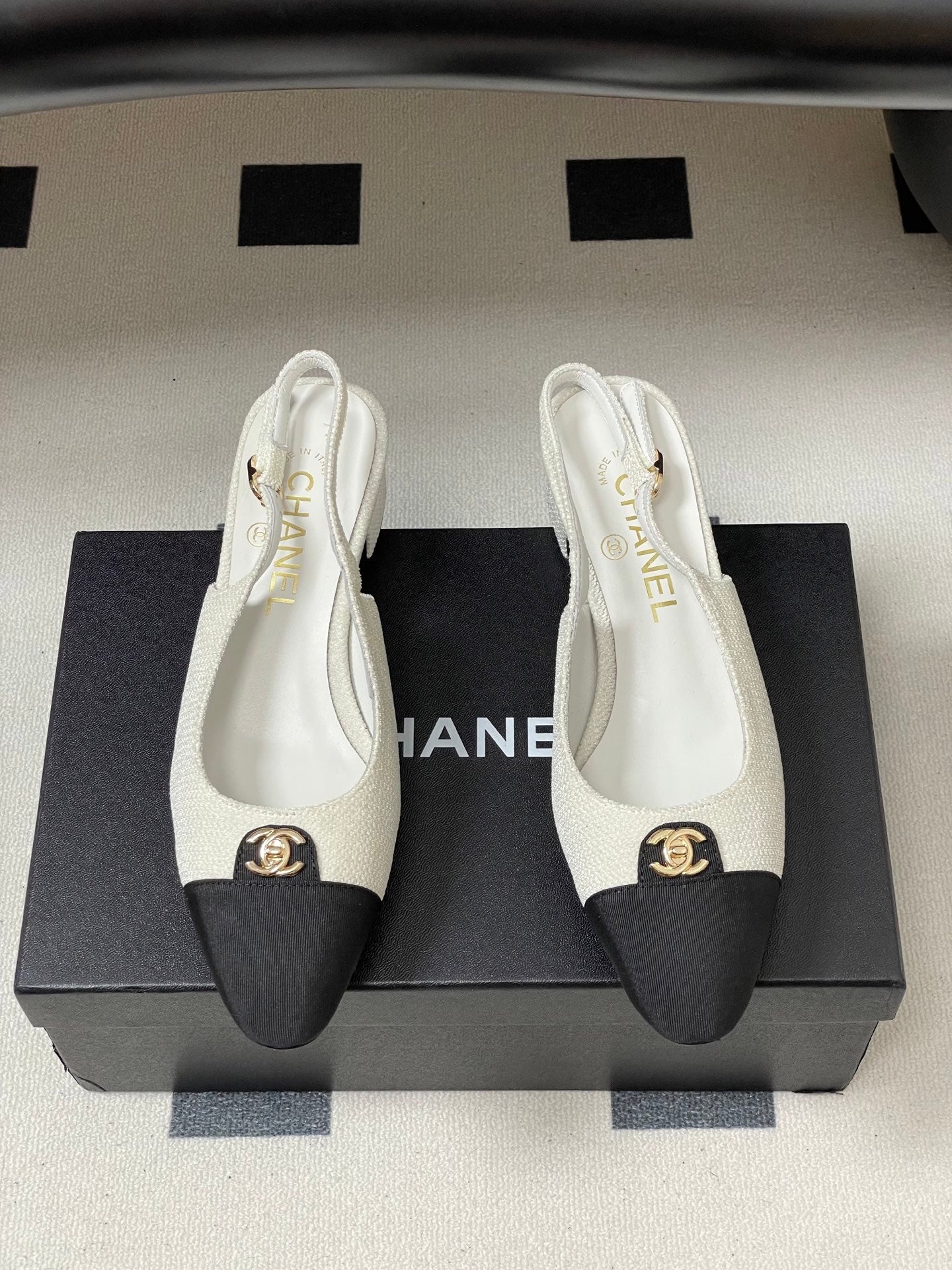 Chanel 25 Slingback Black White Lambskin Fabric 473211