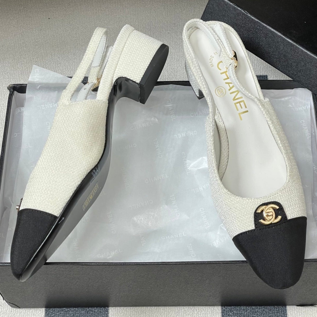 Chanel 25 Slingback Black White Lambskin Fabric 473211
