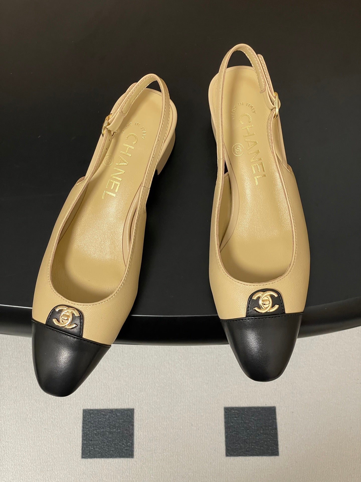 Chanel 25 Slingback 30mm Beige Black Lambskin 473213