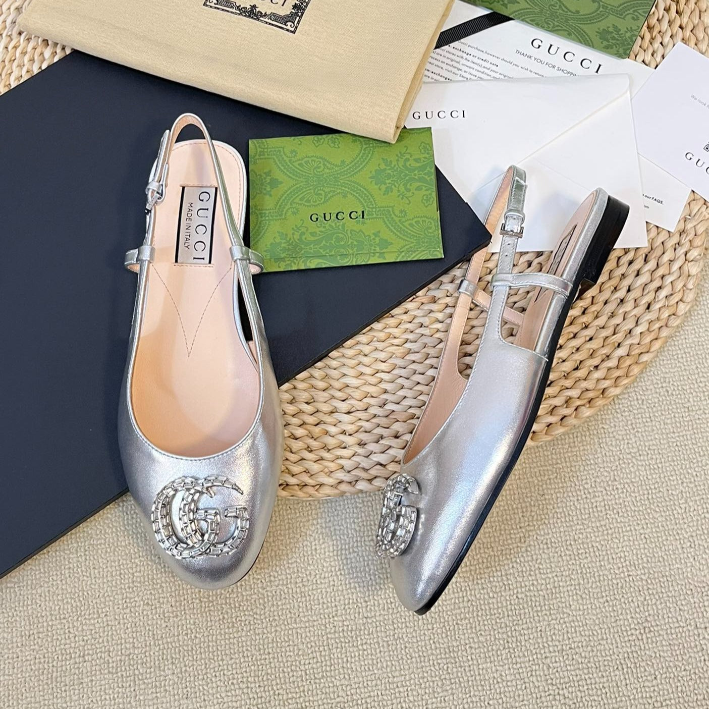 GG Double G patent leather slingback ballet flats Sliver