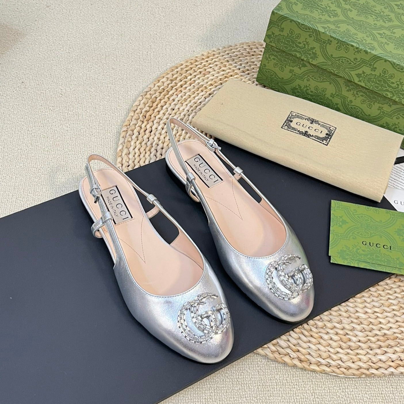 GG Double G patent leather slingback ballet flats Sliver