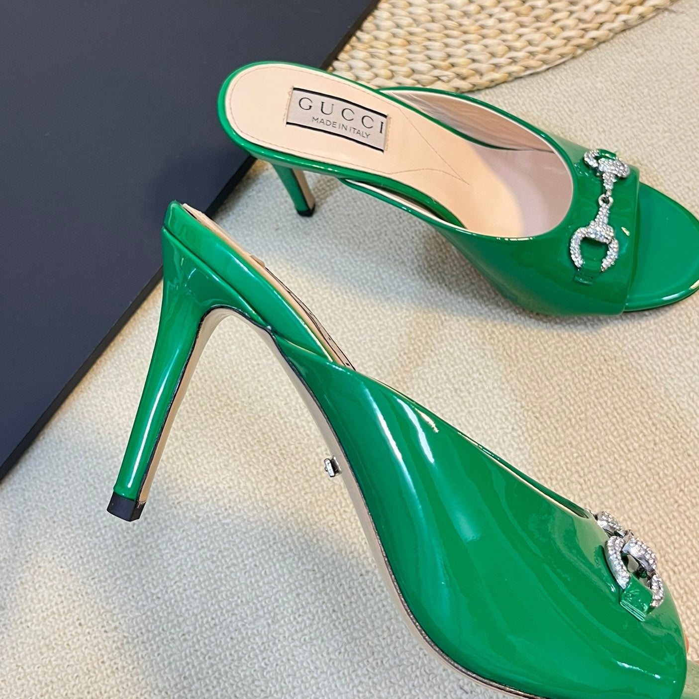 GG  Women's Horsebit mid-heel slide sandal in glossy Jade Green