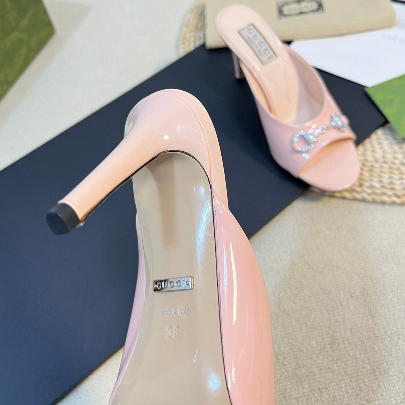 GG  Women's Horsebit mid-heel slide sandal in glossy Rose Pink