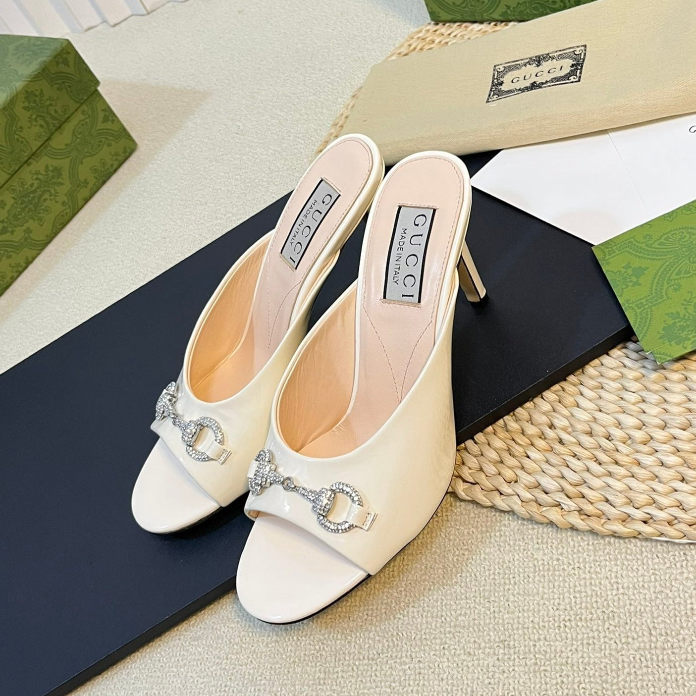 GG  Women's Horsebit mid-heel slide sandal in glossy White leather