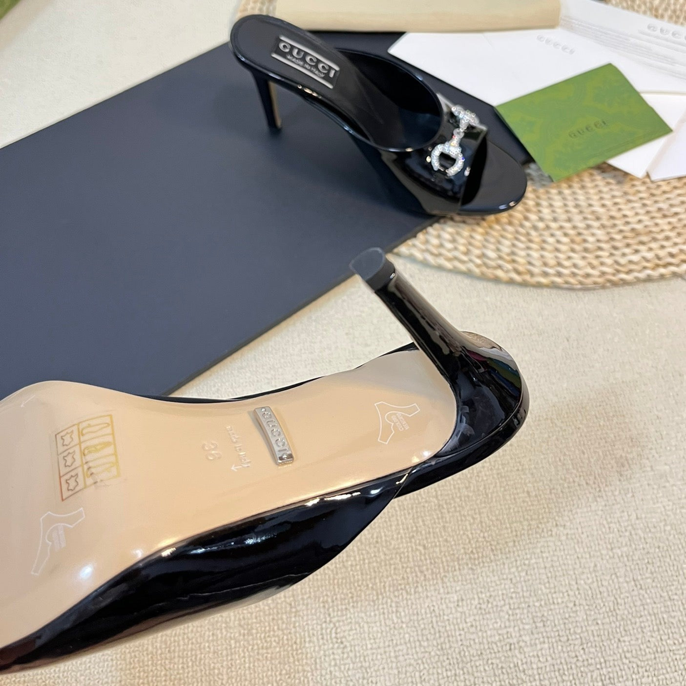 GG  Women's Horsebit mid-heel slide sandal in glossy black leather