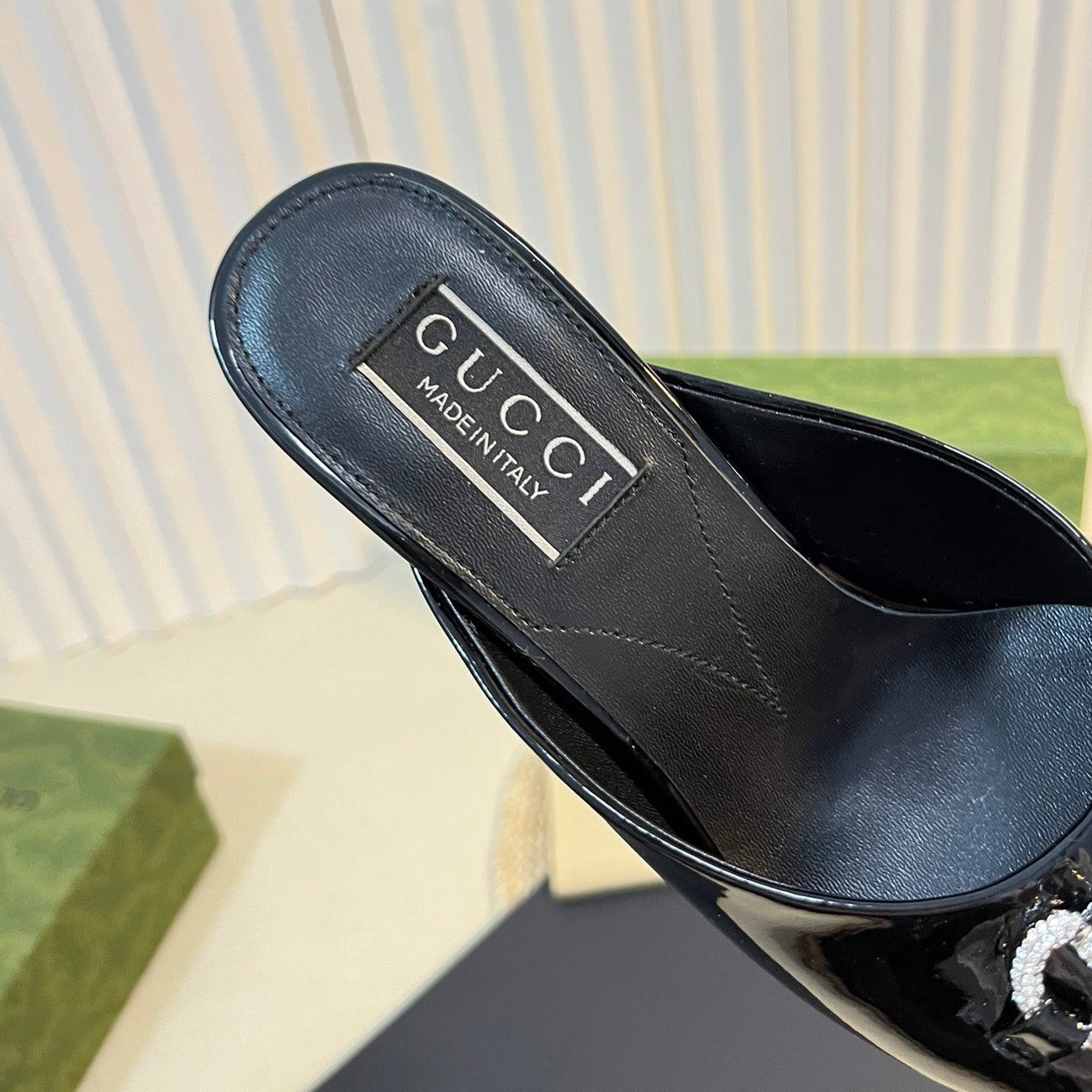 GG  Women's Horsebit mid-heel slide sandal in glossy black leather