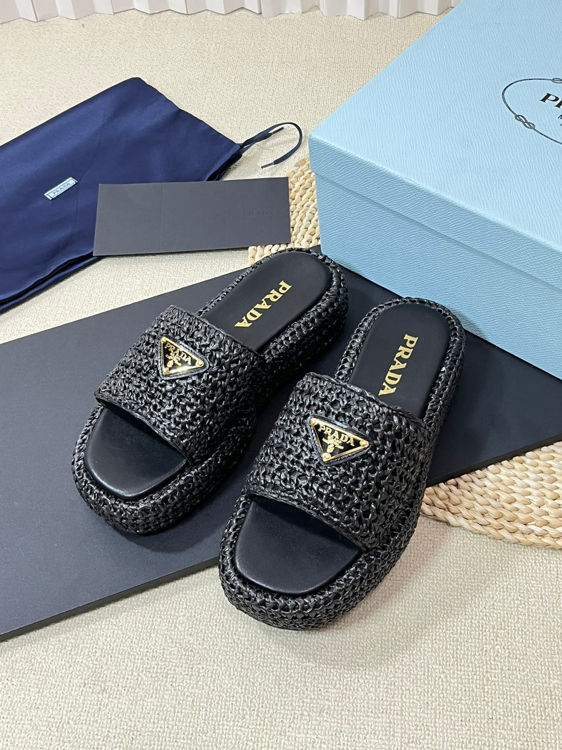 PRA CROCHET FLATFORM SLIDES BLACK RAFFIA
