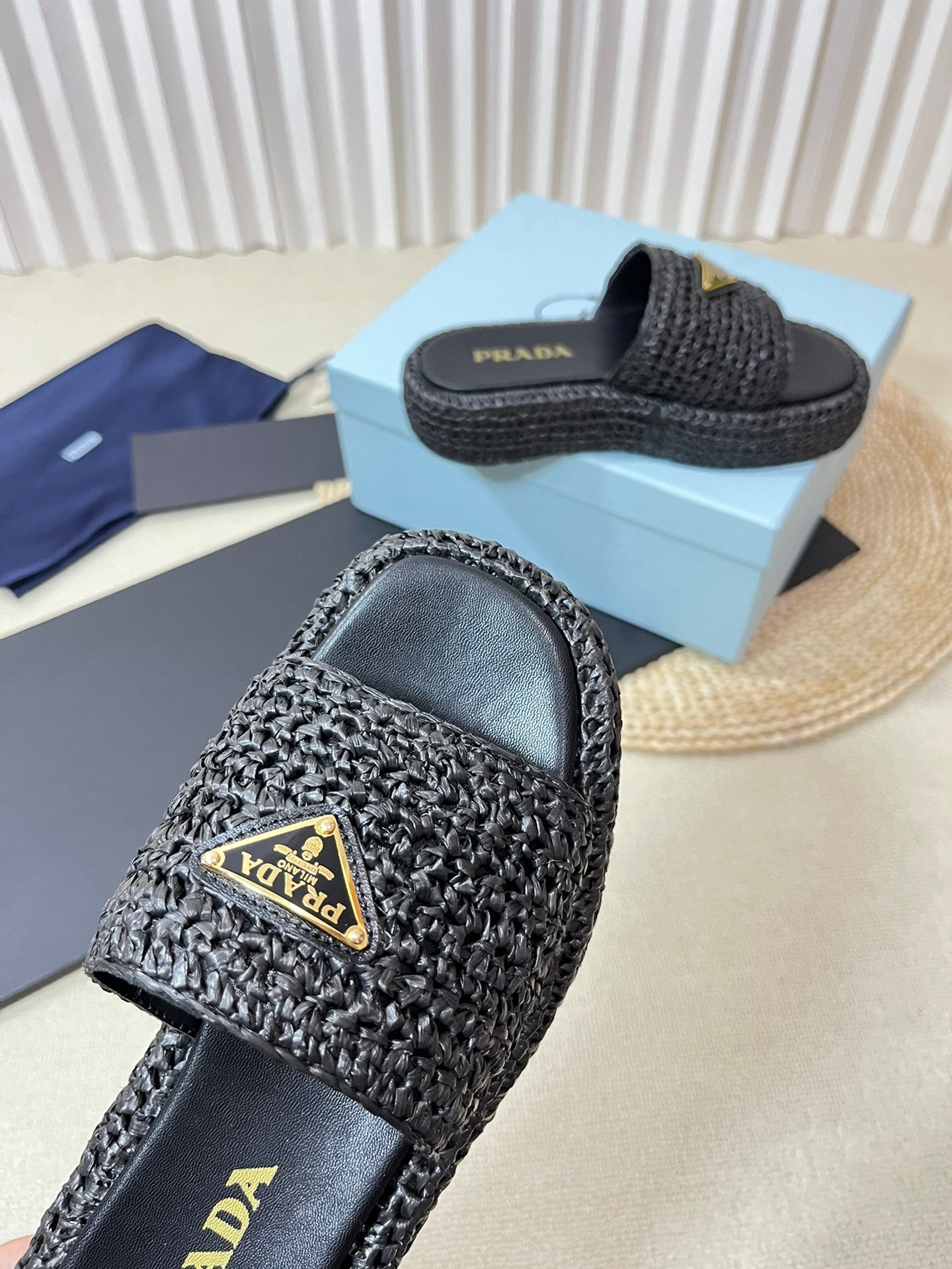PRA CROCHET FLATFORM SLIDES BLACK RAFFIA