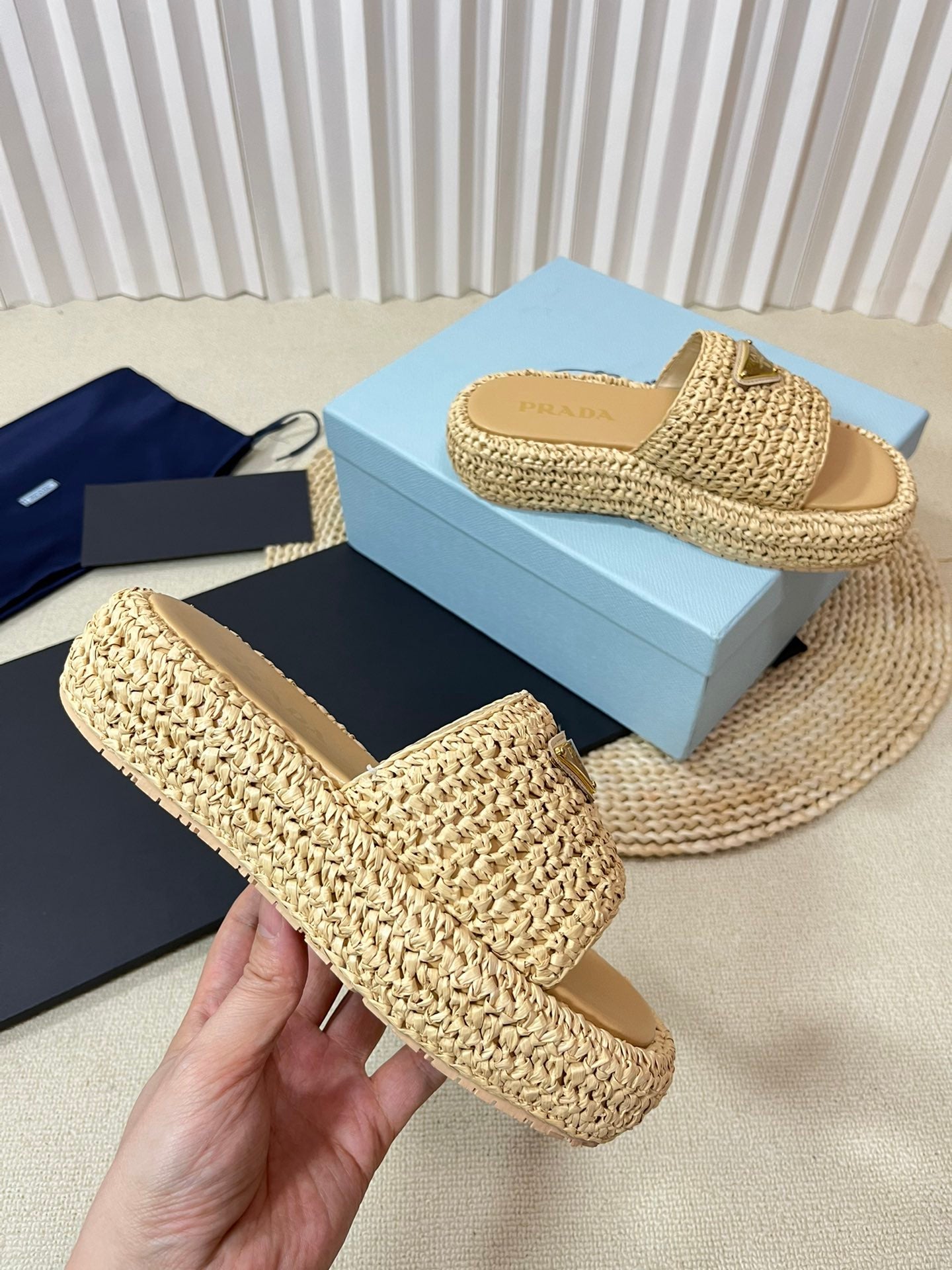 PRA CROCHET FLATFORM SLIDES BEIGE RAFFIA