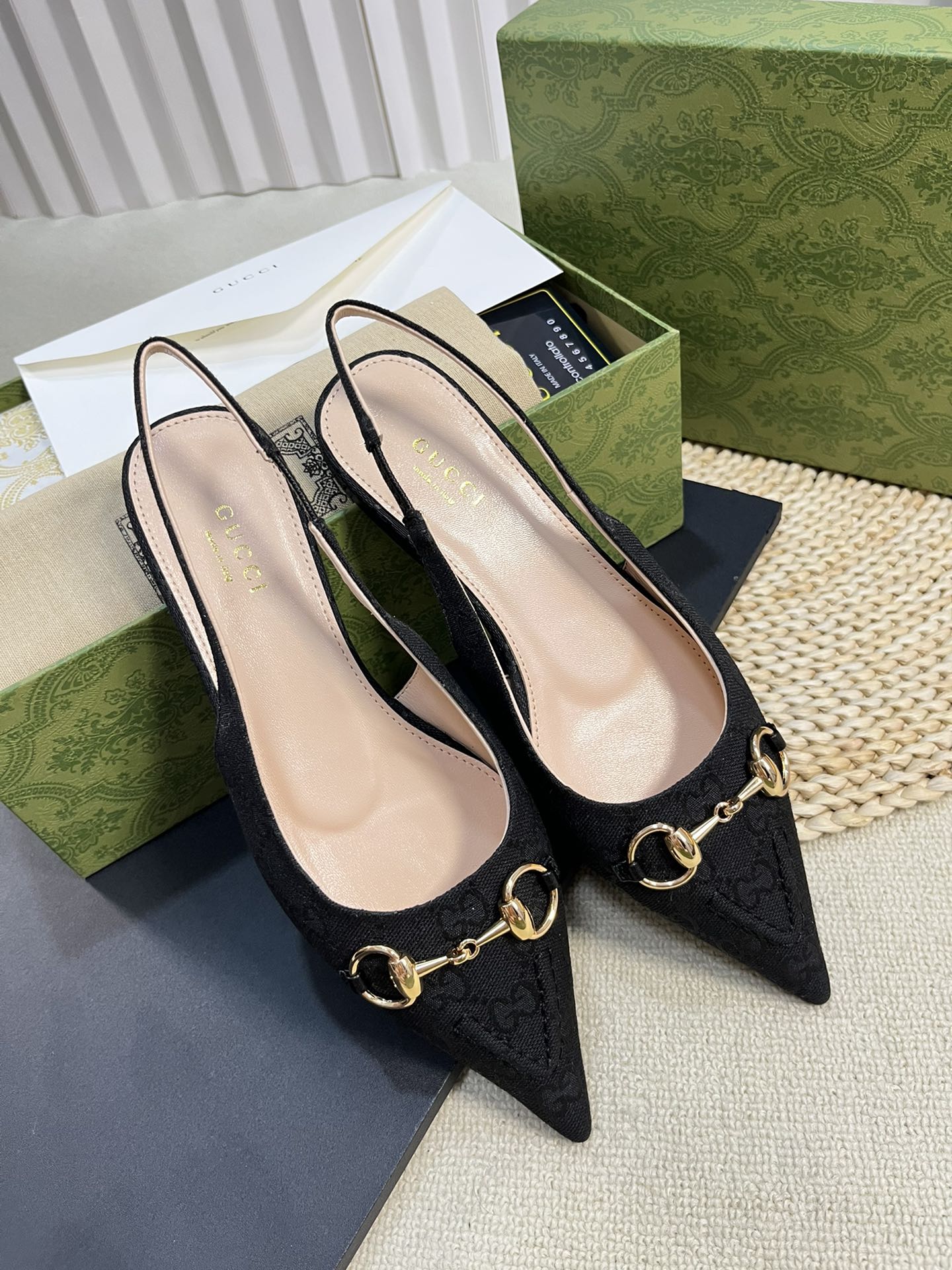 GC Horsebit Slingback Pump 10mm Black Canvas Sheepskin 294552