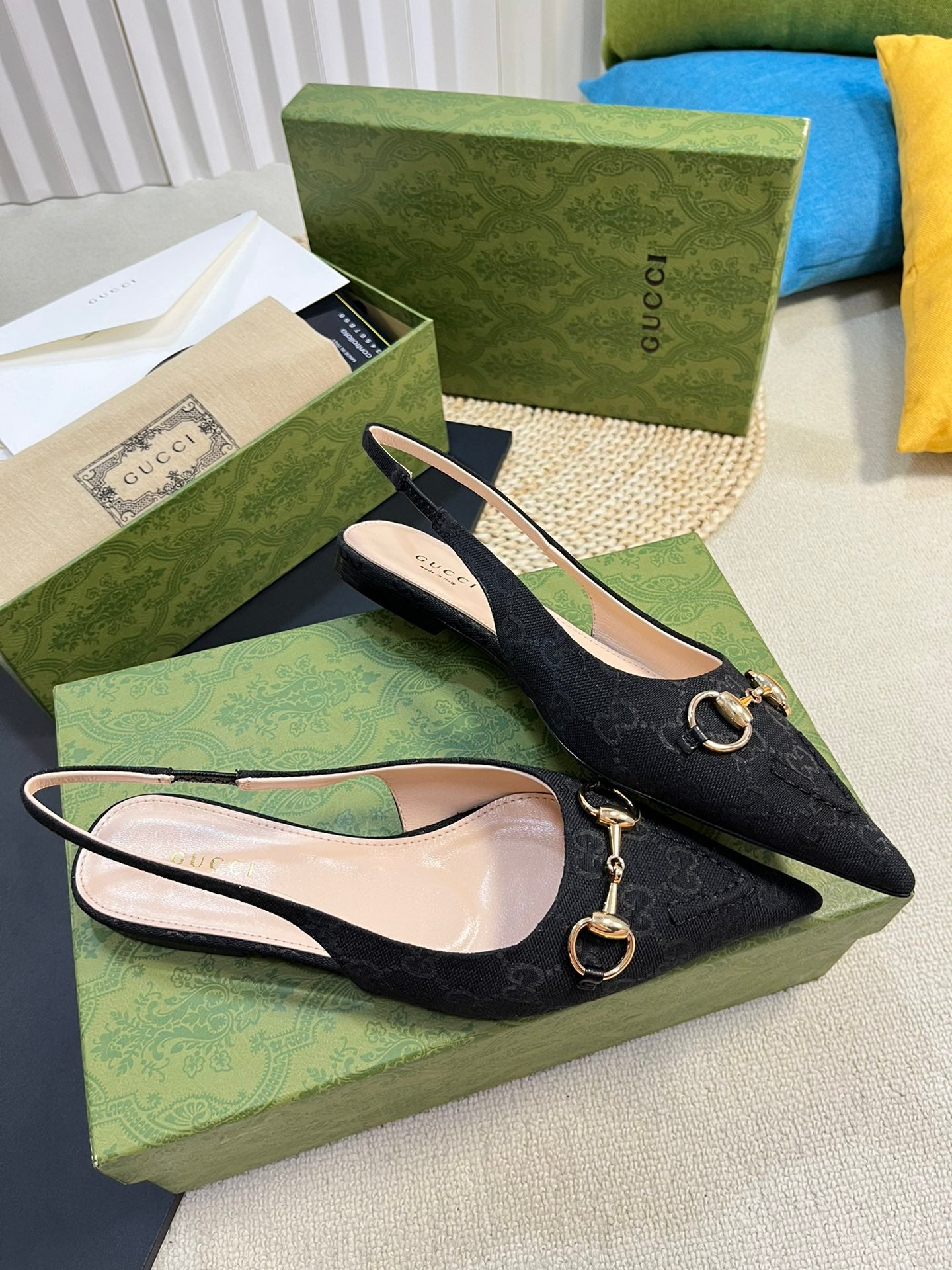 GC Horsebit Slingback Pump 10mm Black Canvas Sheepskin 294552