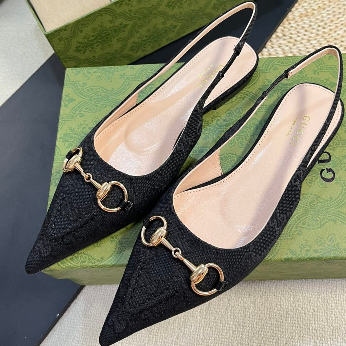 GC Horsebit Slingback Pump 10mm Black Canvas Sheepskin 294552