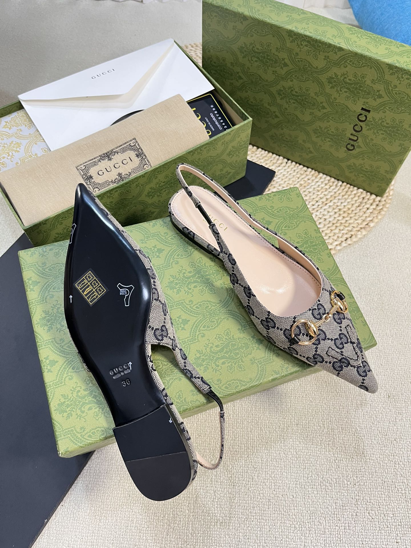 GC Horsebit Slingback Pump 10mm Beige mix Blue Canvas Sheepskin 294553