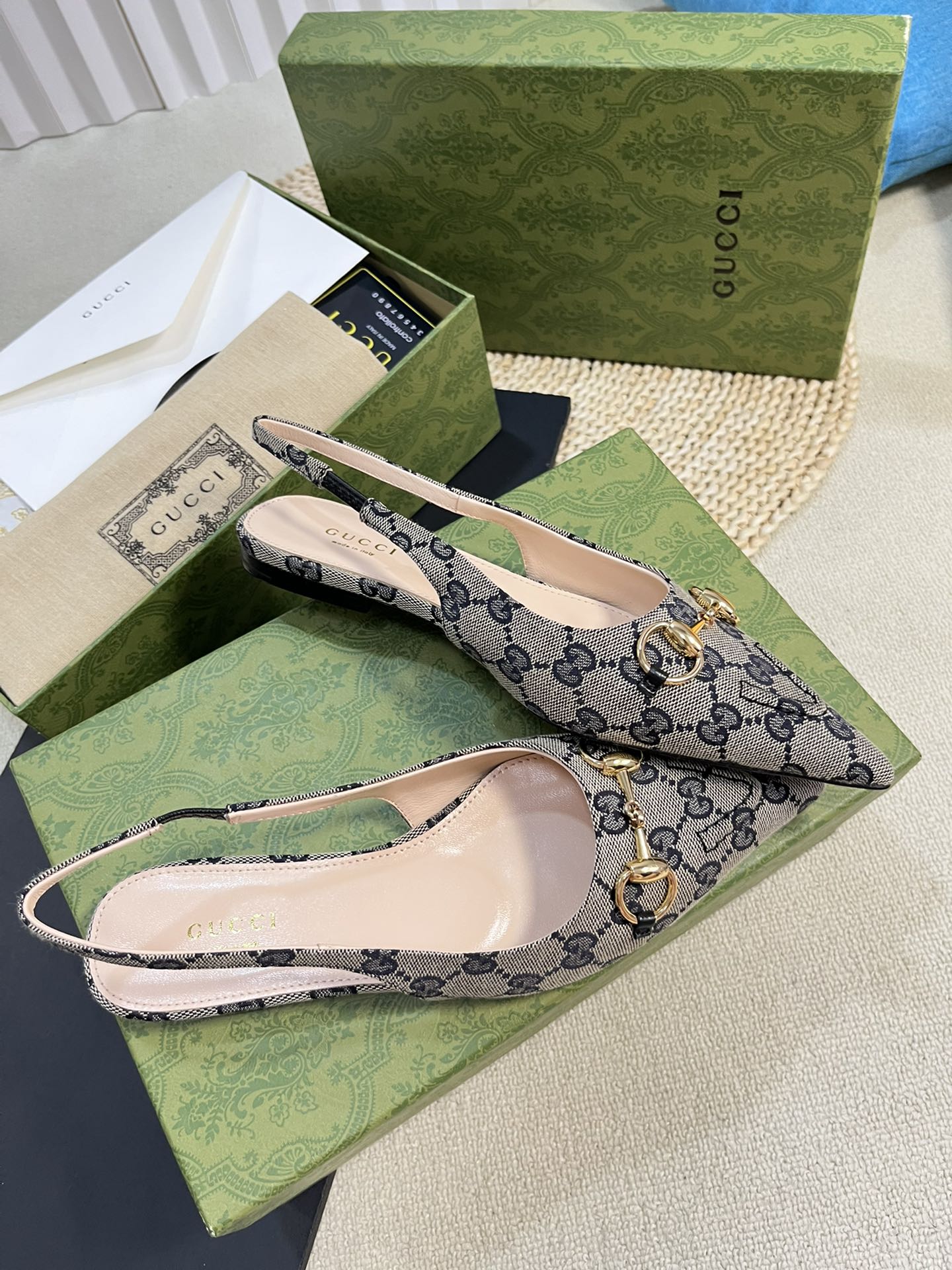 GC Horsebit Slingback Pump 10mm Beige mix Blue Canvas Sheepskin 294553