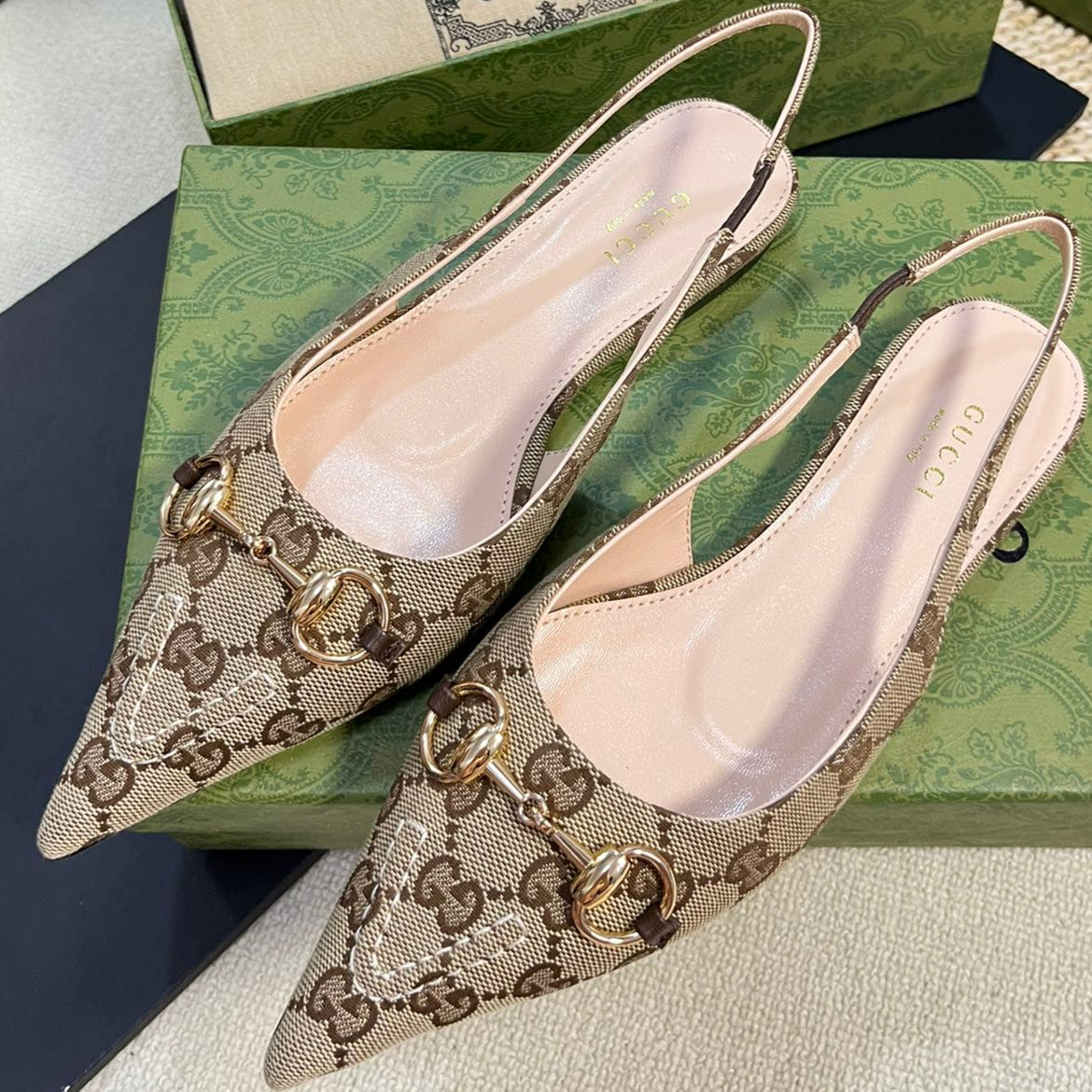 GC Horsebit Slingback Pump 10mm Beige mix Brown Canvas Sheepskin 294554