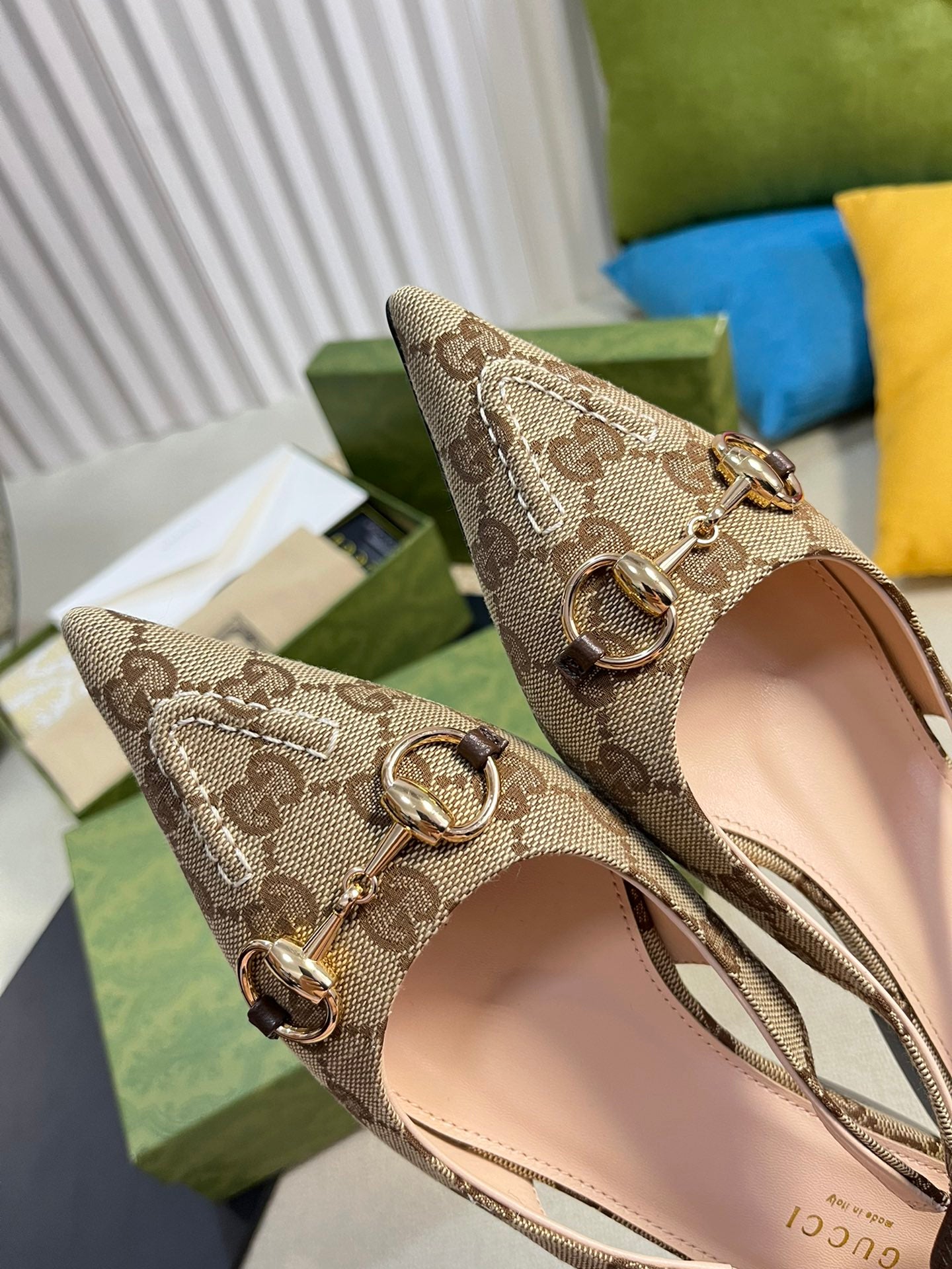 GC Horsebit Slingback Pump 10mm Beige mix Brown Canvas Sheepskin 294554