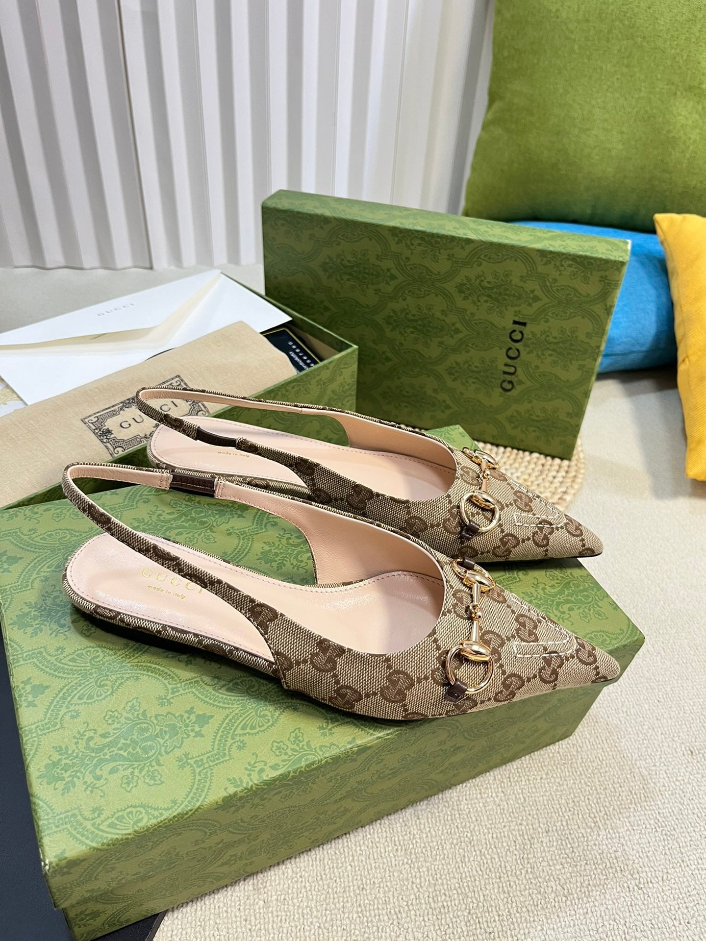 GC Horsebit Slingback Pump 10mm Beige mix Brown Canvas Sheepskin 294554