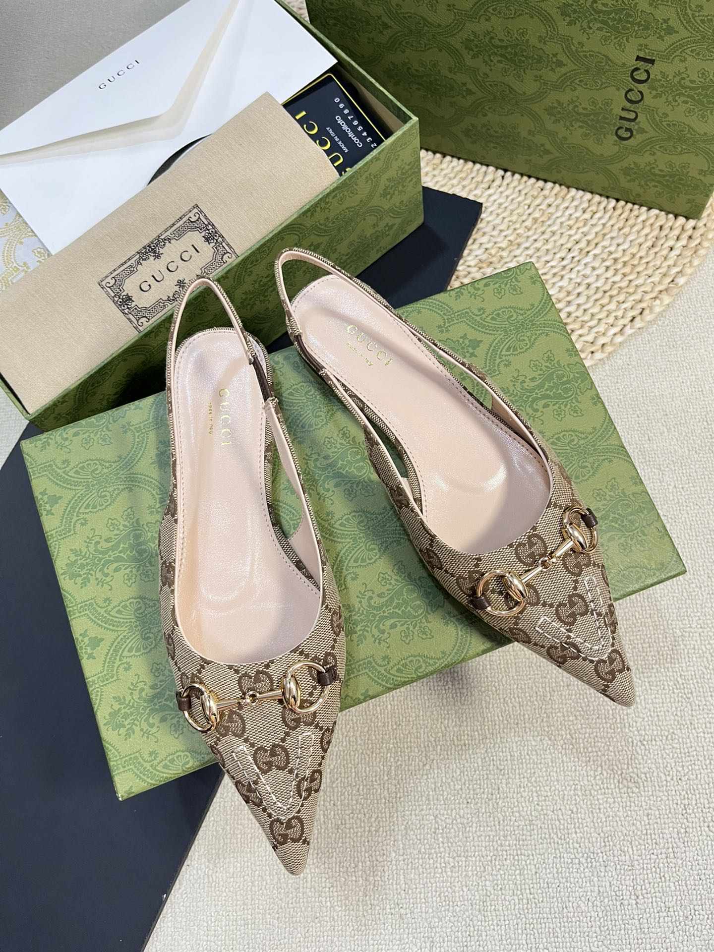 GC Horsebit Slingback Pump 10mm Beige mix Brown Canvas Sheepskin 294554