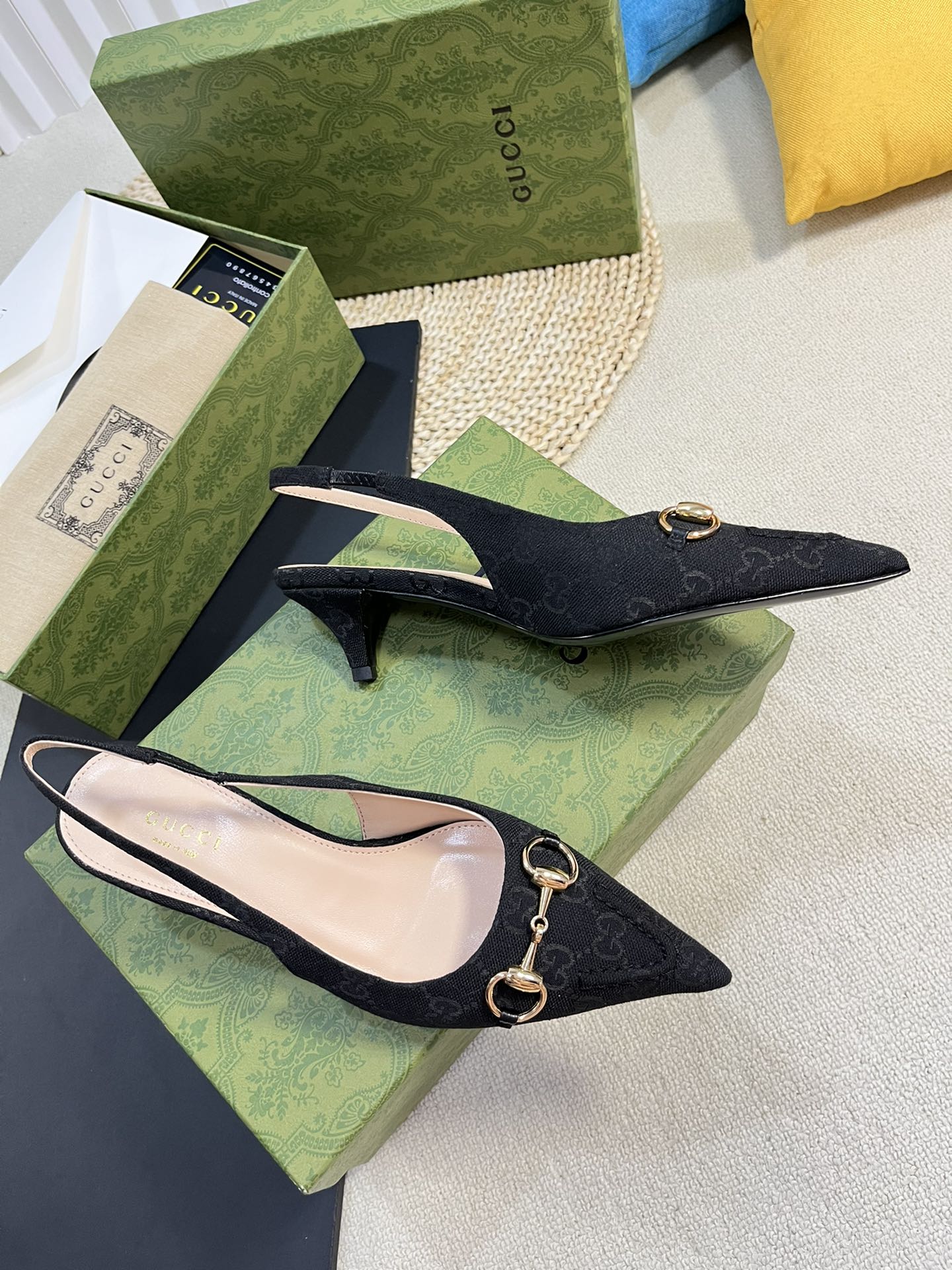 GC Horsebit Slingback Pump 50mm Black Canvas Sheepskin 294558