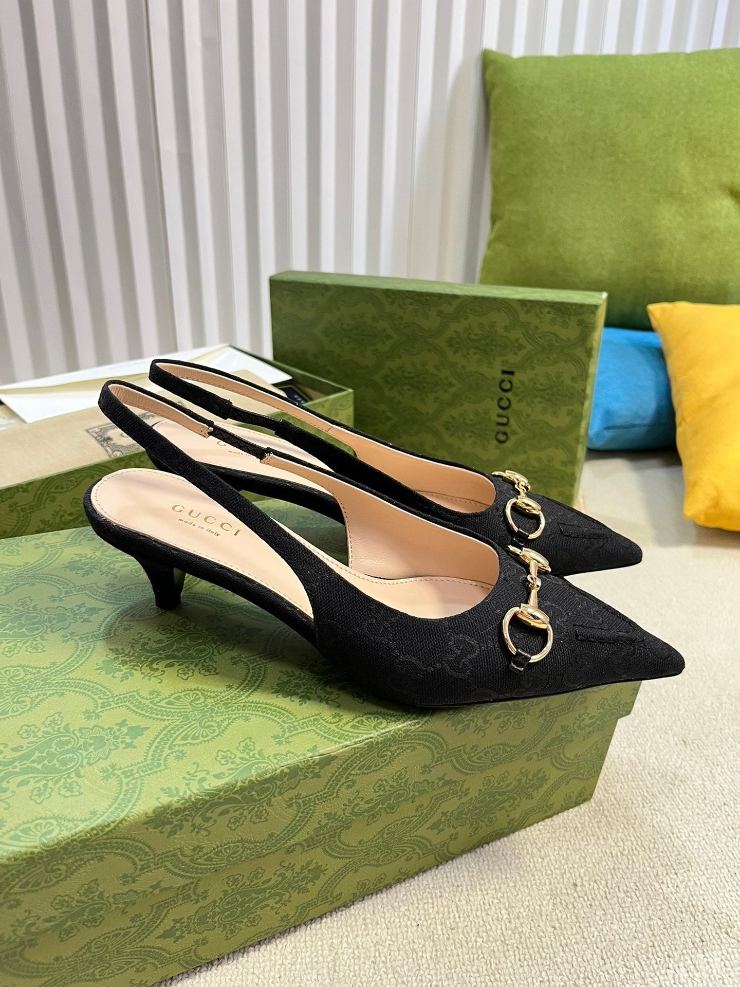 GC Horsebit Slingback Pump 50mm Black Canvas Sheepskin 294558