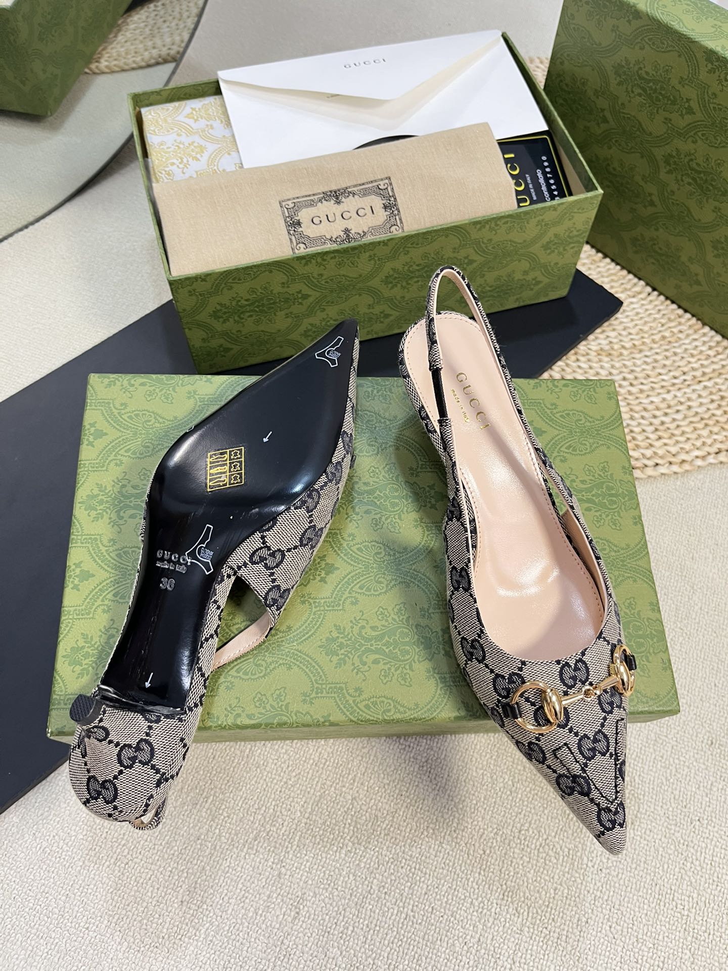 GC Horsebit Slingback Pump 50mm Beige mix Blue Canvas Sheepskin 294559