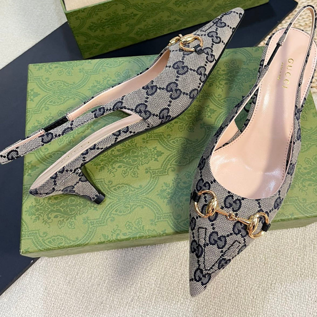 GC Horsebit Slingback Pump 50mm Beige mix Blue Canvas Sheepskin 294559