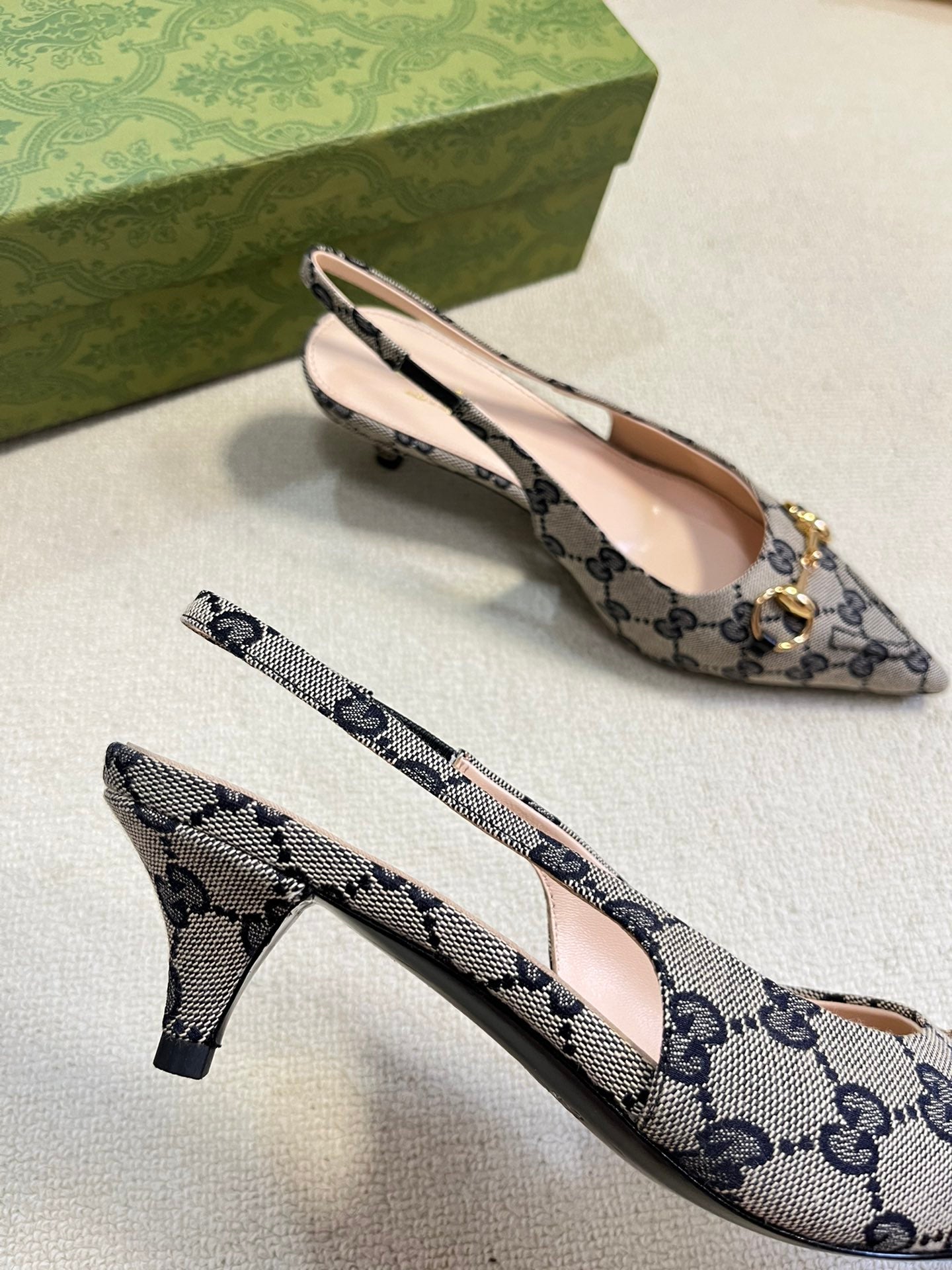 GC Horsebit Slingback Pump 50mm Beige mix Blue Canvas Sheepskin 294559