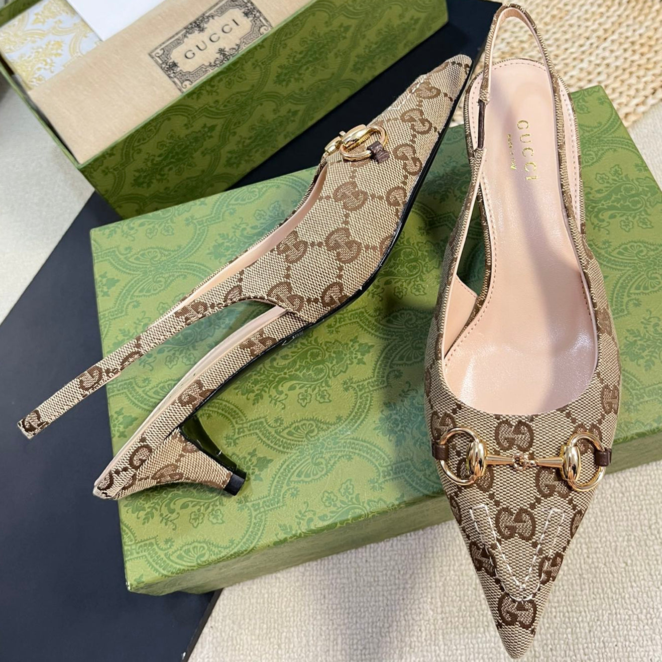 GC Horsebit Slingback Pump 50mm Beige mix Brown Canvas Sheepskin 294560