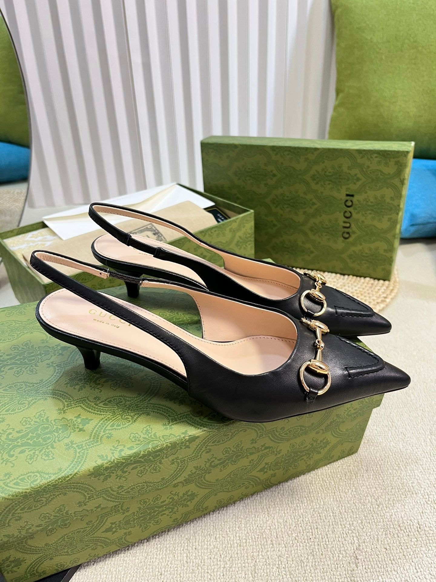 GC Horsebit Slingback Pump 50mm Black Sheepskin 294563