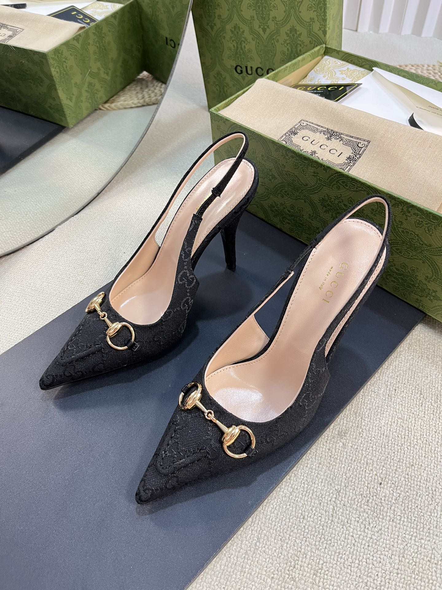 GC Horsebit Slingback Pump 100mm Black Canvas Sheepskin 294564