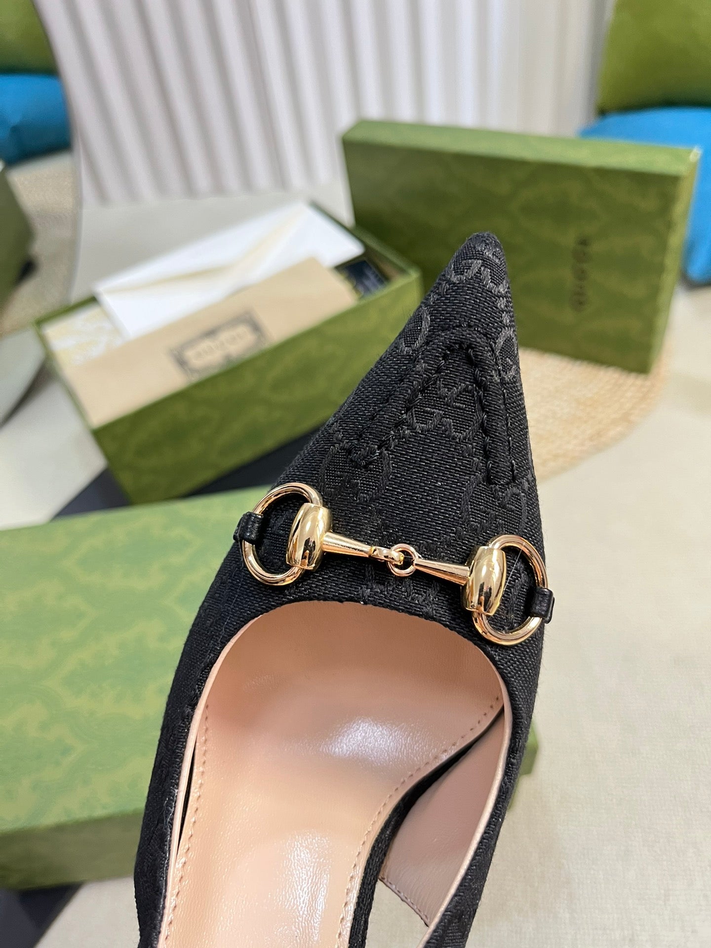 GC Horsebit Slingback Pump 100mm Black Canvas Sheepskin 294564