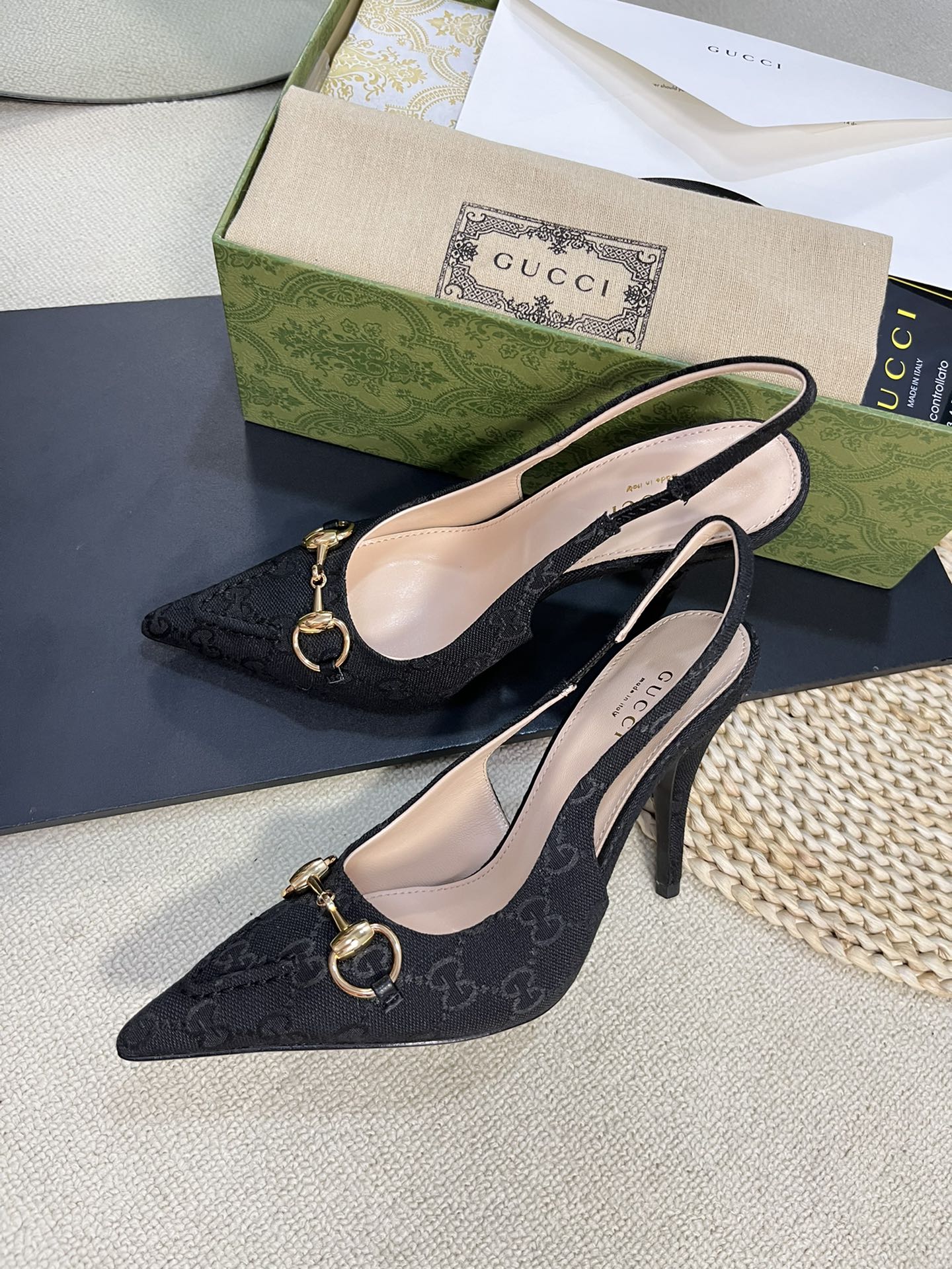 GC Horsebit Slingback Pump 100mm Black Canvas Sheepskin 294564