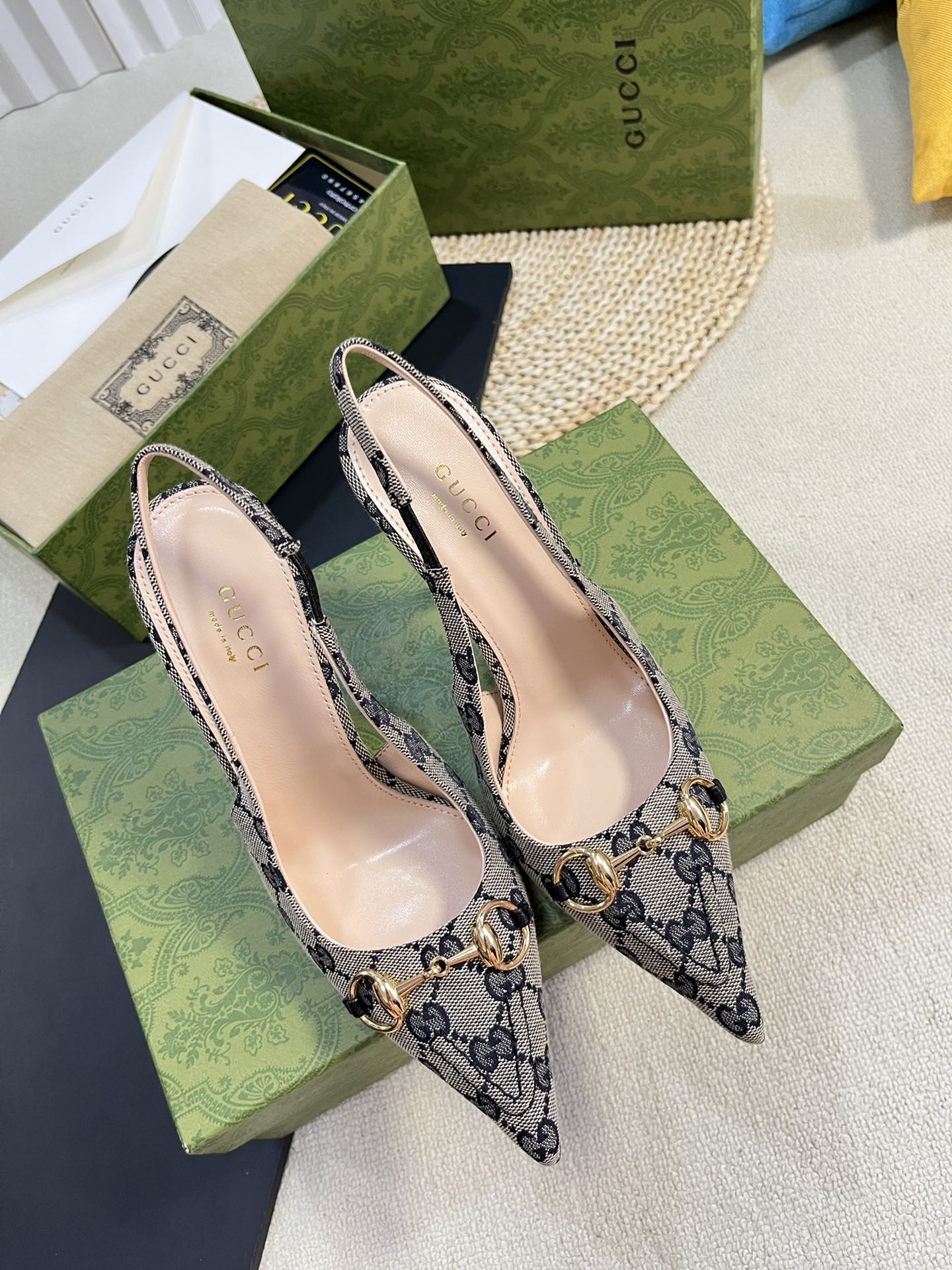 GC Horsebit Slingback Pump 100mm Beige mix Blue Canvas Sheepskin 294565