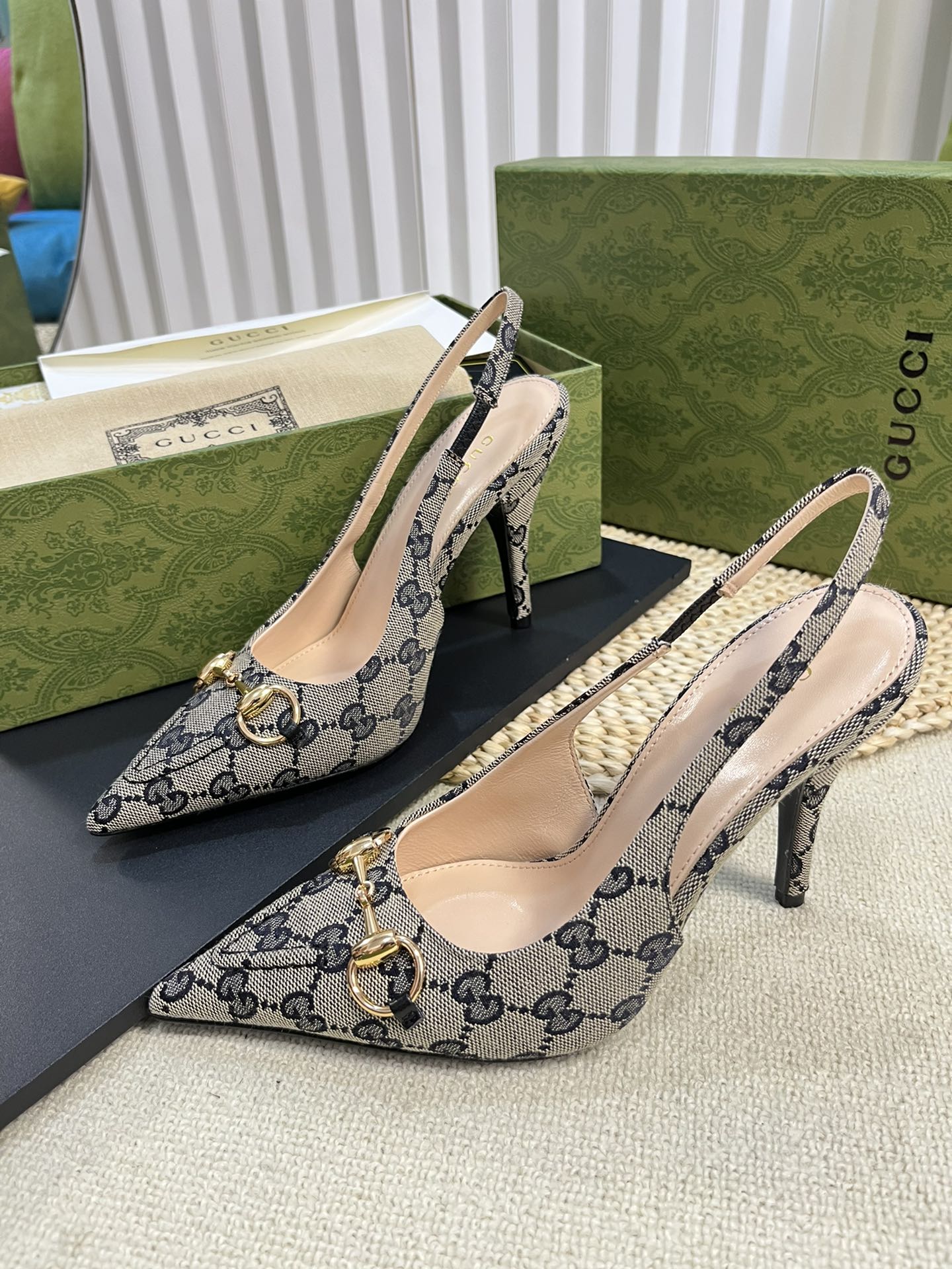 GC Horsebit Slingback Pump 100mm Beige mix Blue Canvas Sheepskin 294565