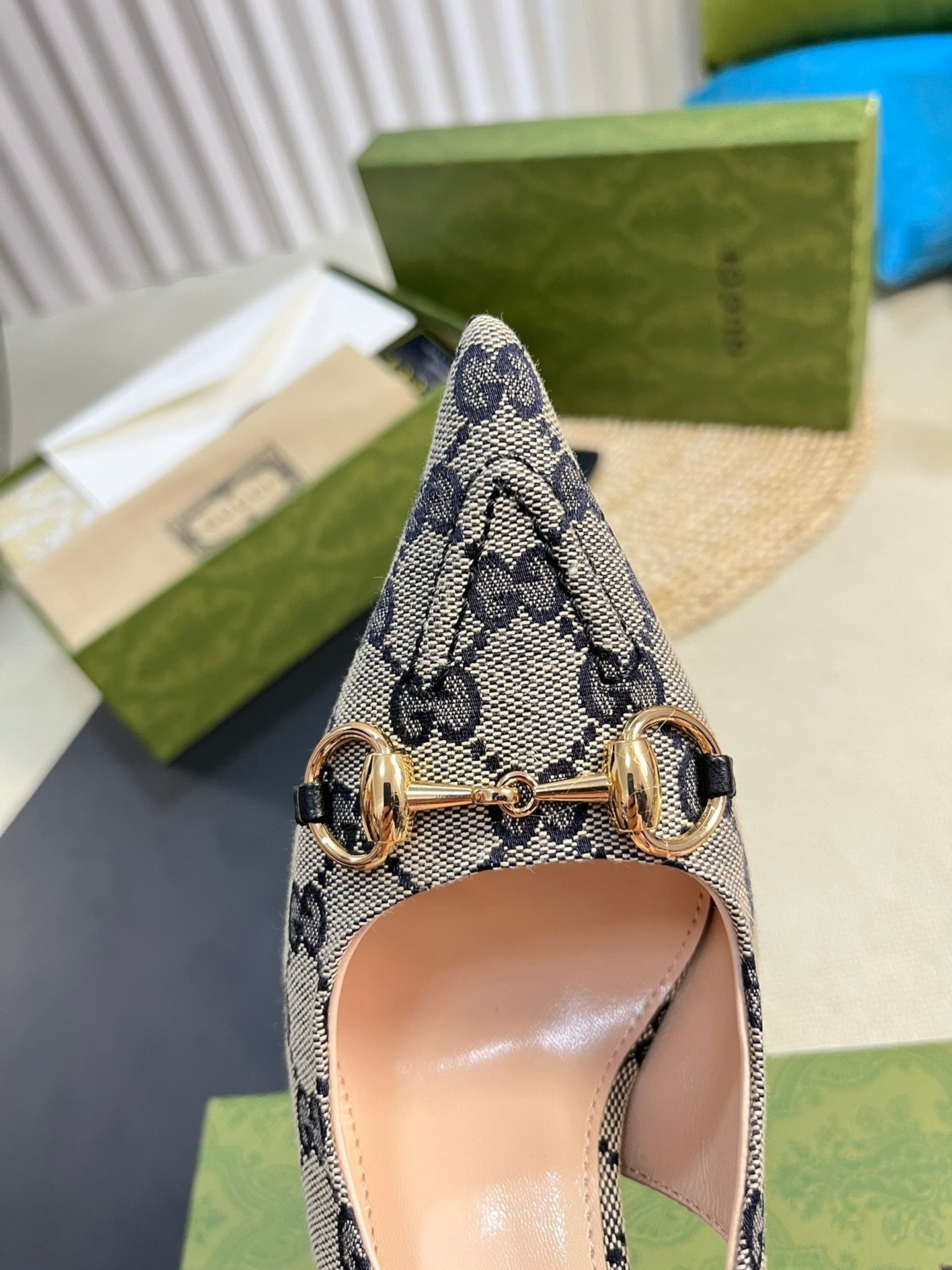 GC Horsebit Slingback Pump 100mm Beige mix Blue Canvas Sheepskin 294565