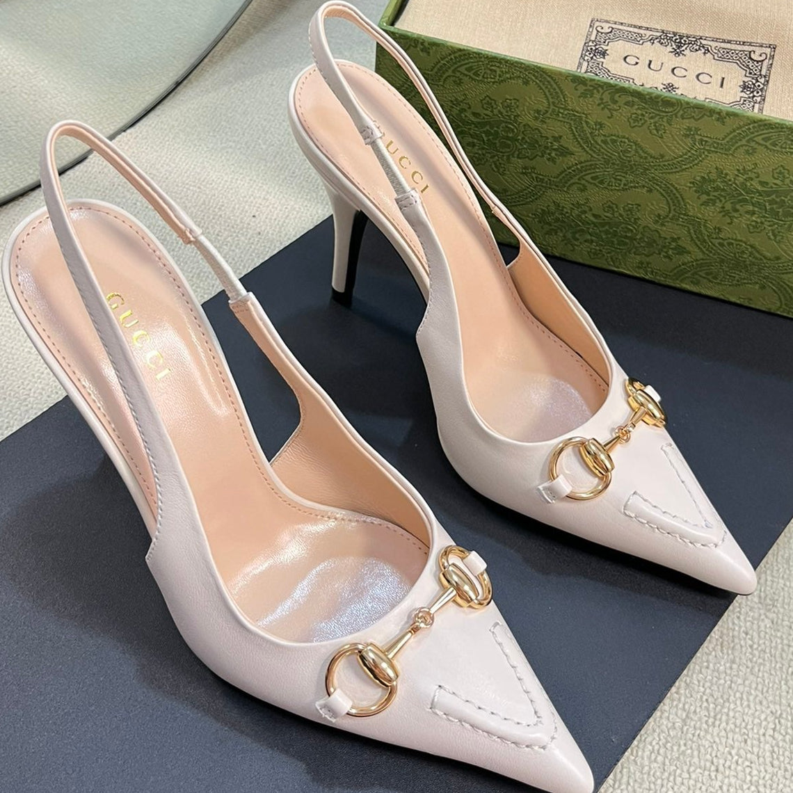 GC Horsebit Slingback Pump 100mm White Sheepskin 294568