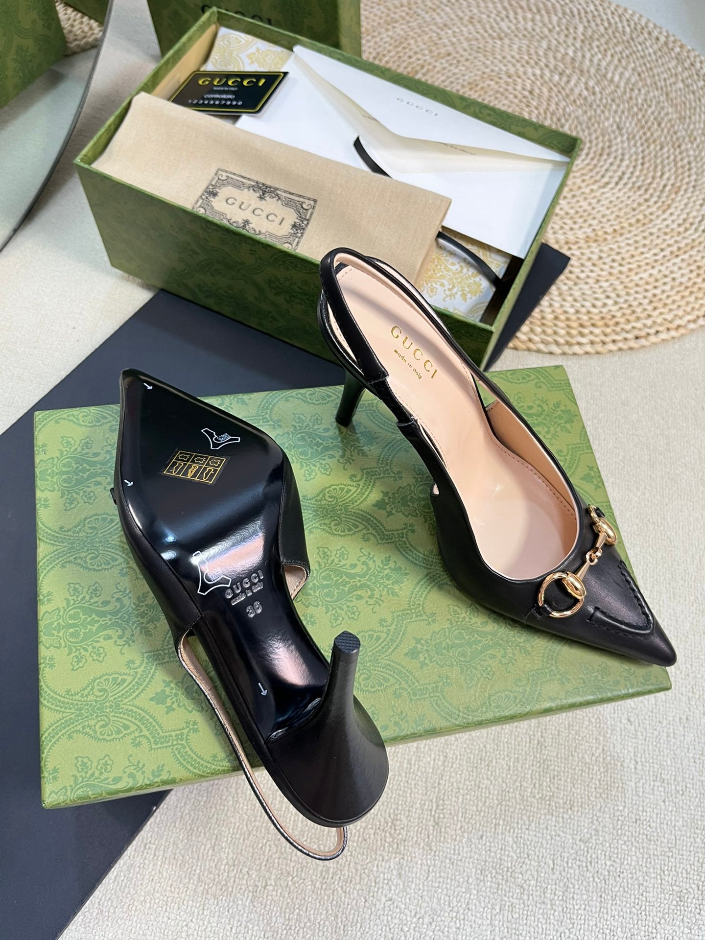 GC Horsebit Slingback Pump 100mm Black Sheepskin 294569