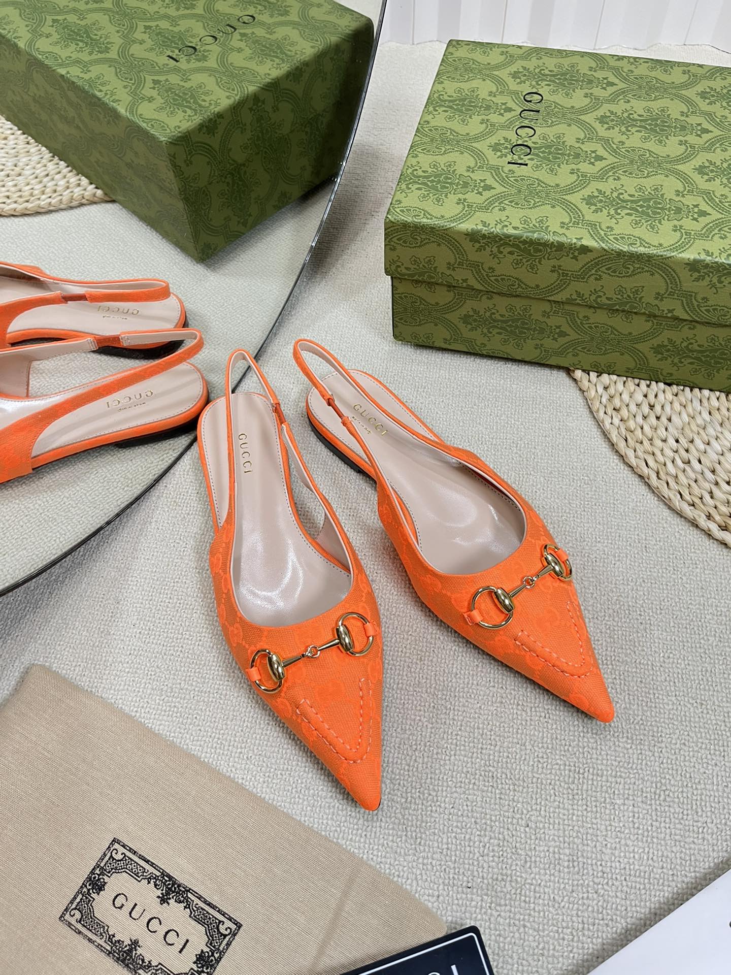 GC Horsebit Slingback Pump 10mm Orange Canvas Sheepskin 294540