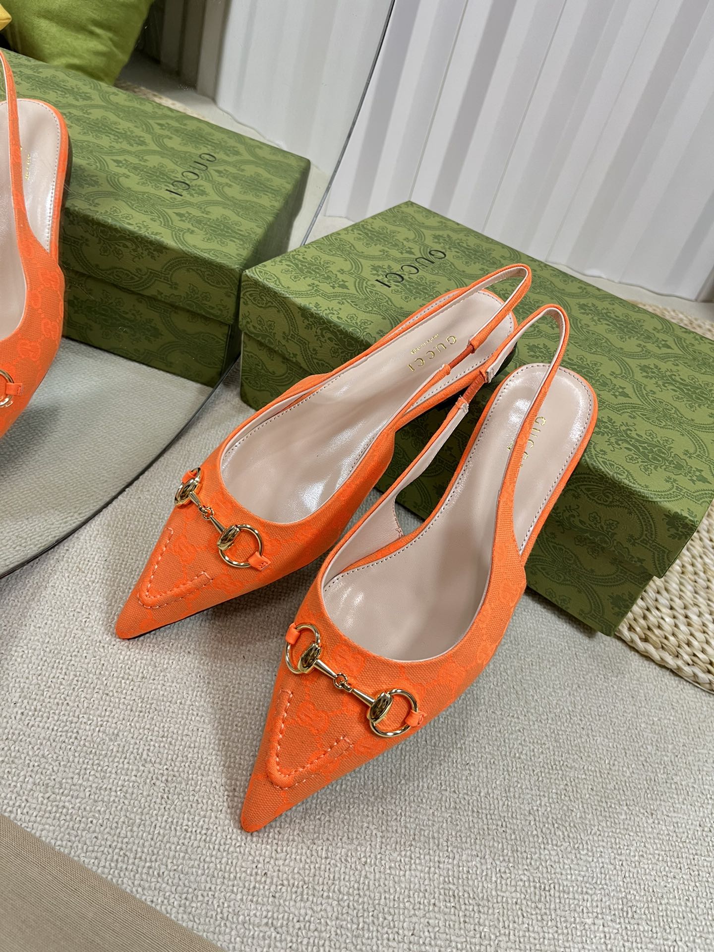 GC Horsebit Slingback Pump 10mm Orange Canvas Sheepskin 294540