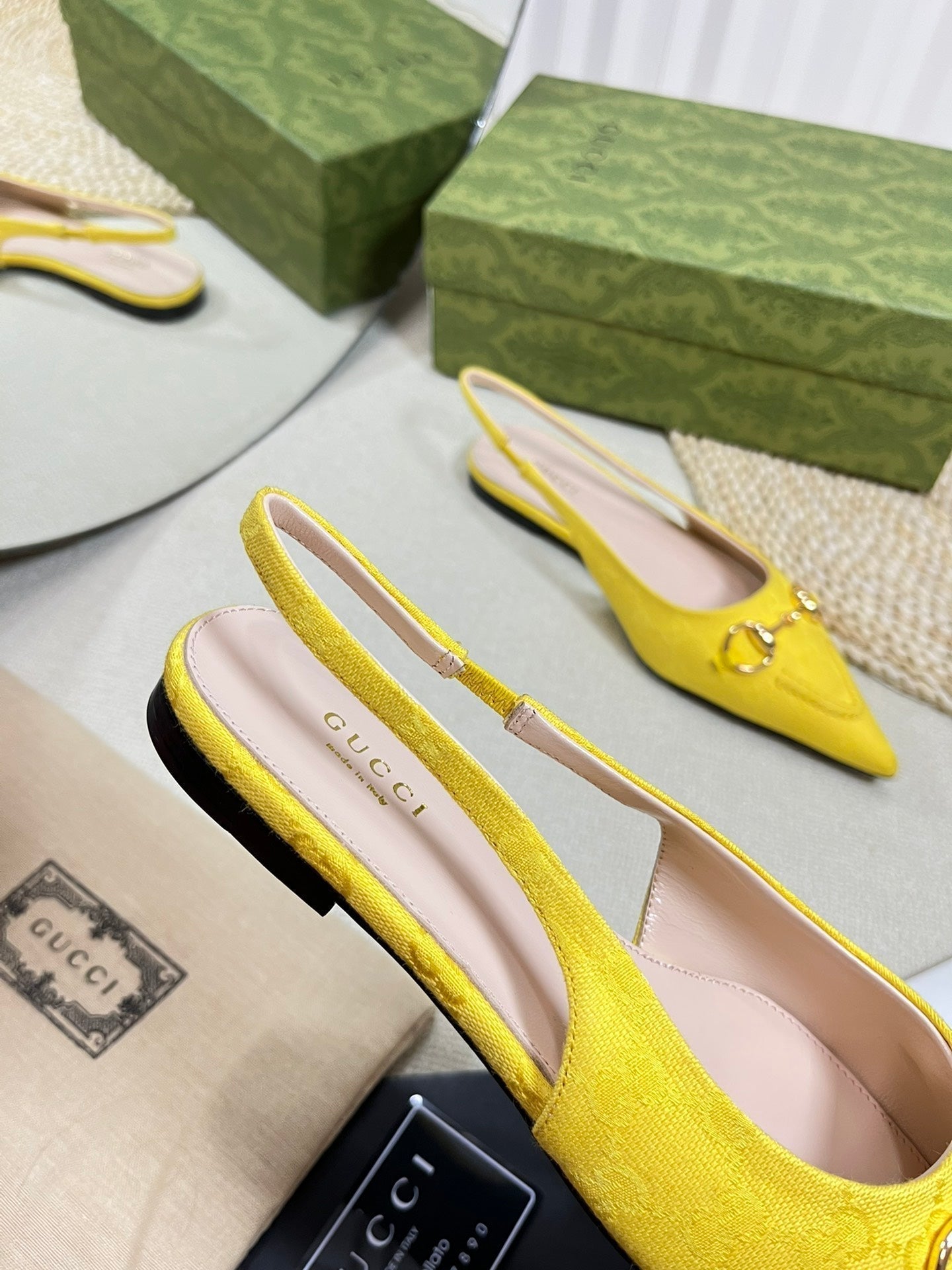 GC Horsebit Slingback Pump 10mm Yellow Canvas Sheepskin 294541