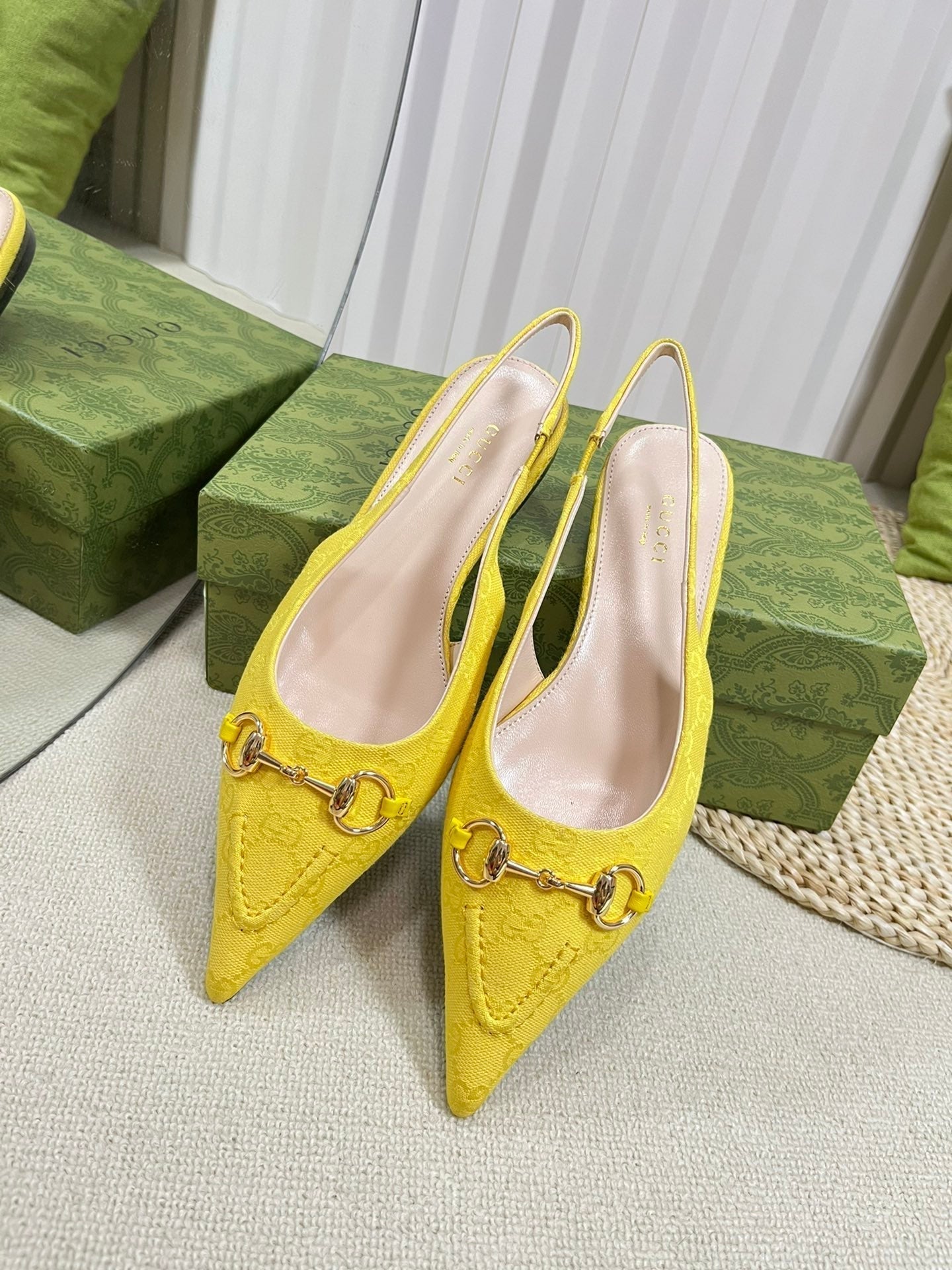 GC Horsebit Slingback Pump 10mm Yellow Canvas Sheepskin 294541