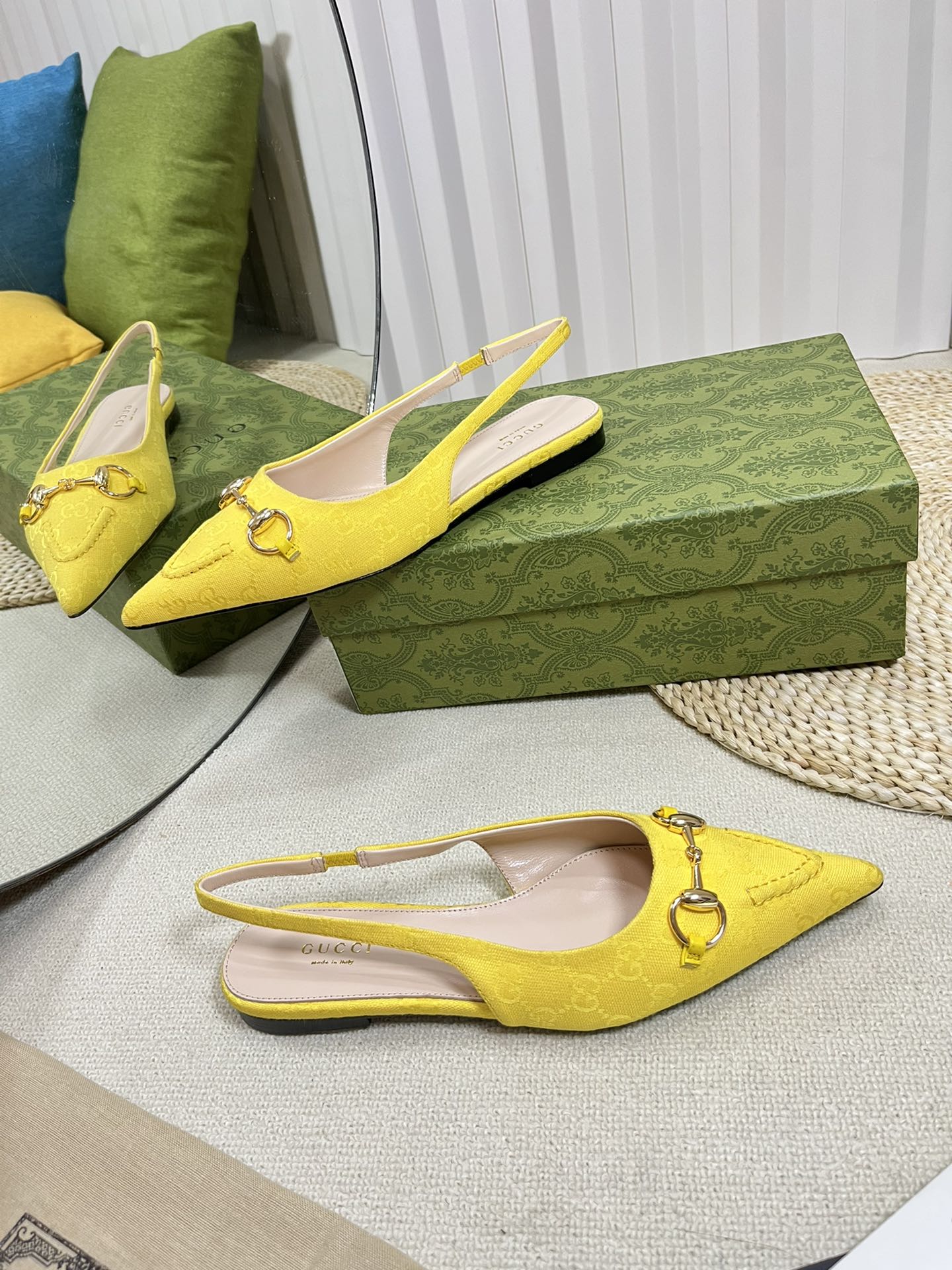 GC Horsebit Slingback Pump 10mm Yellow Canvas Sheepskin 294541