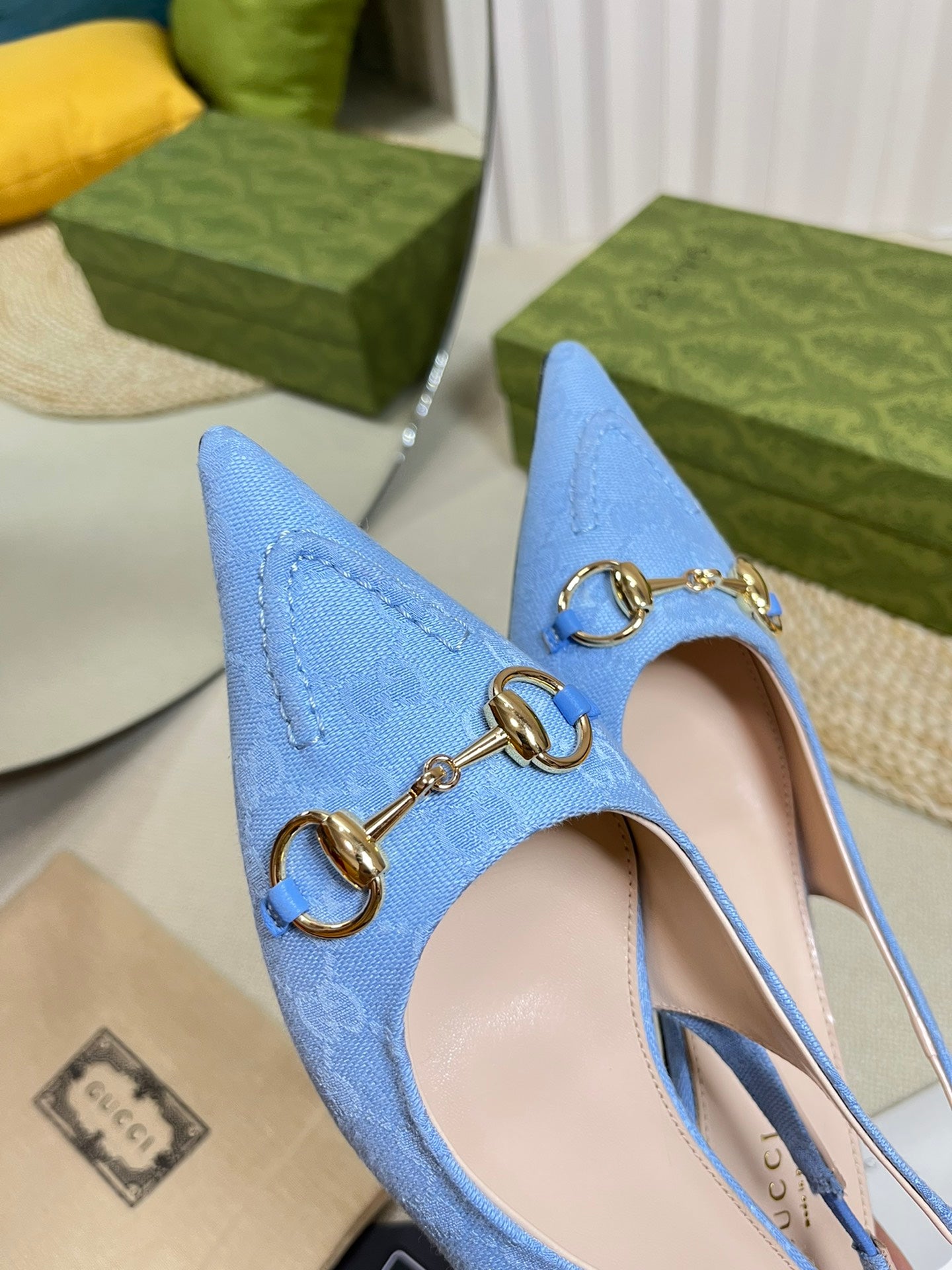 GC Horsebit Slingback Pump 10mm Blue Canvas Sheepskin 294542