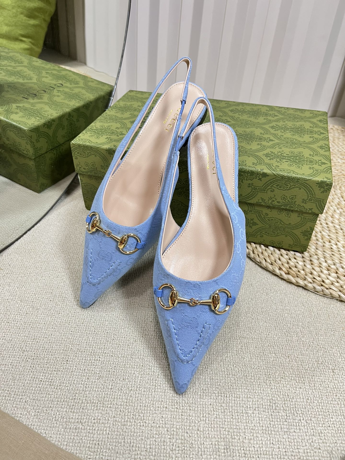 GC Horsebit Slingback Pump 10mm Blue Canvas Sheepskin 294542