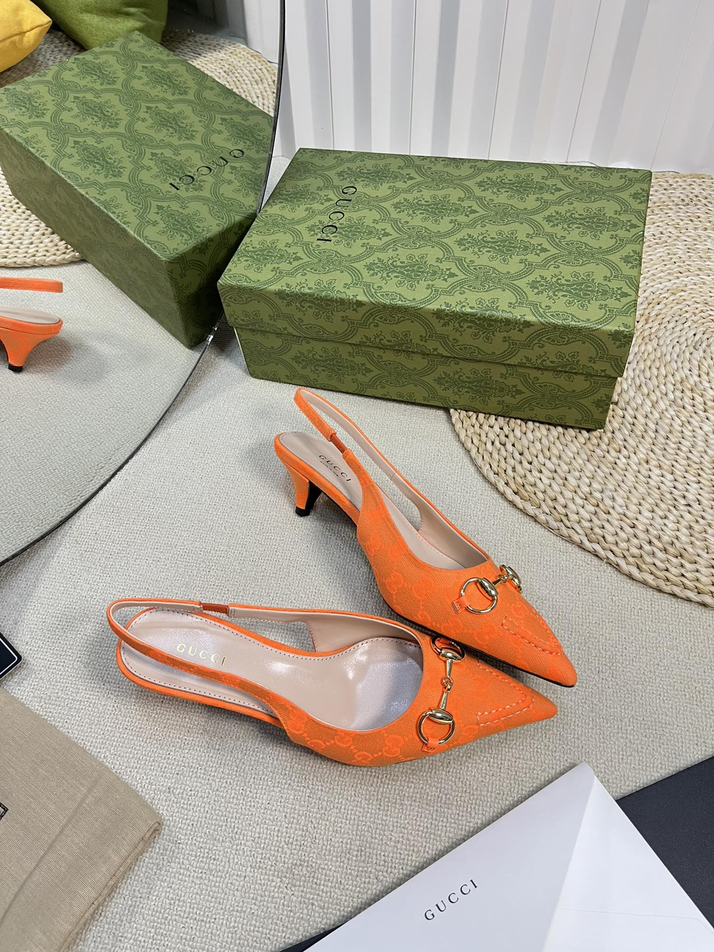 GC Horsebit Slingback Pump 50mm Orange Canvas Sheepskin 294544