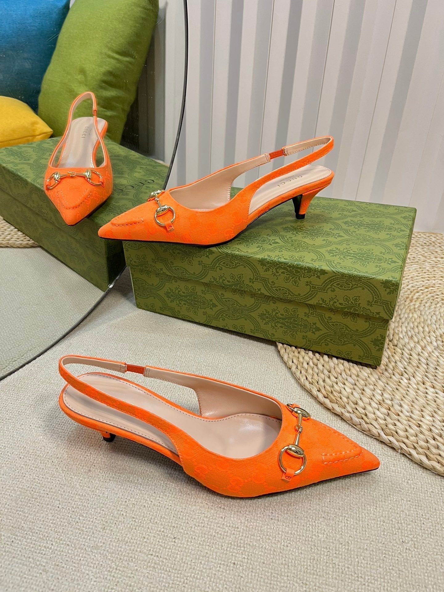 GC Horsebit Slingback Pump 50mm Orange Canvas Sheepskin 294544